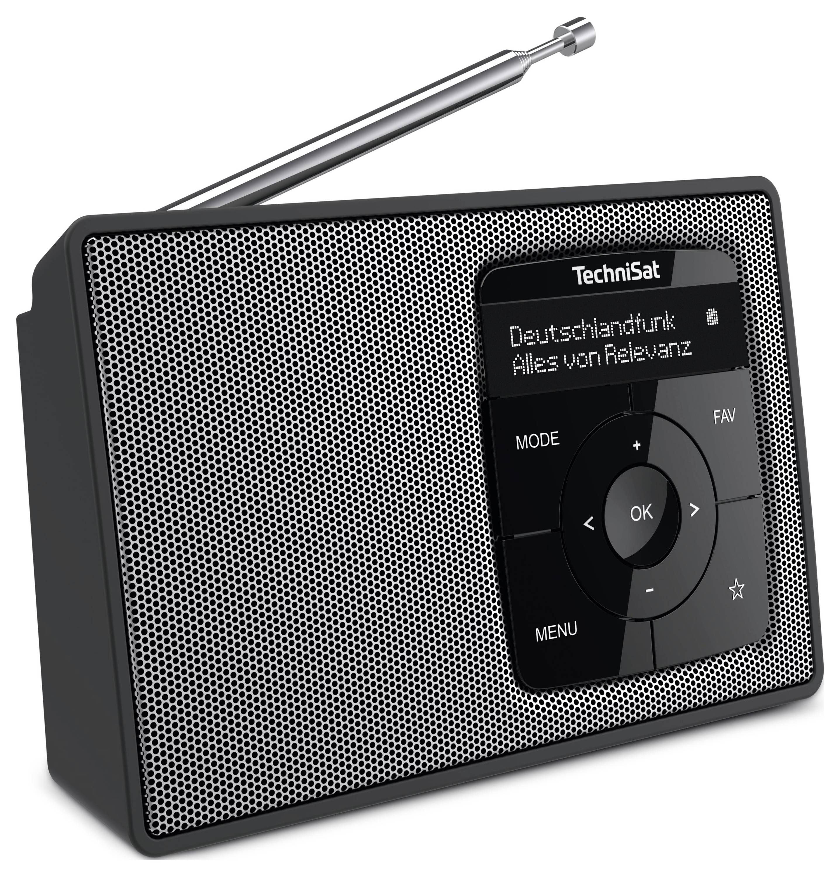 Ein tragbares schwarzes Radio mit einer ausziehbaren Antenne. Das Display zeigt 'Deutschlandfunk' und 'Alles von Relevanz'.