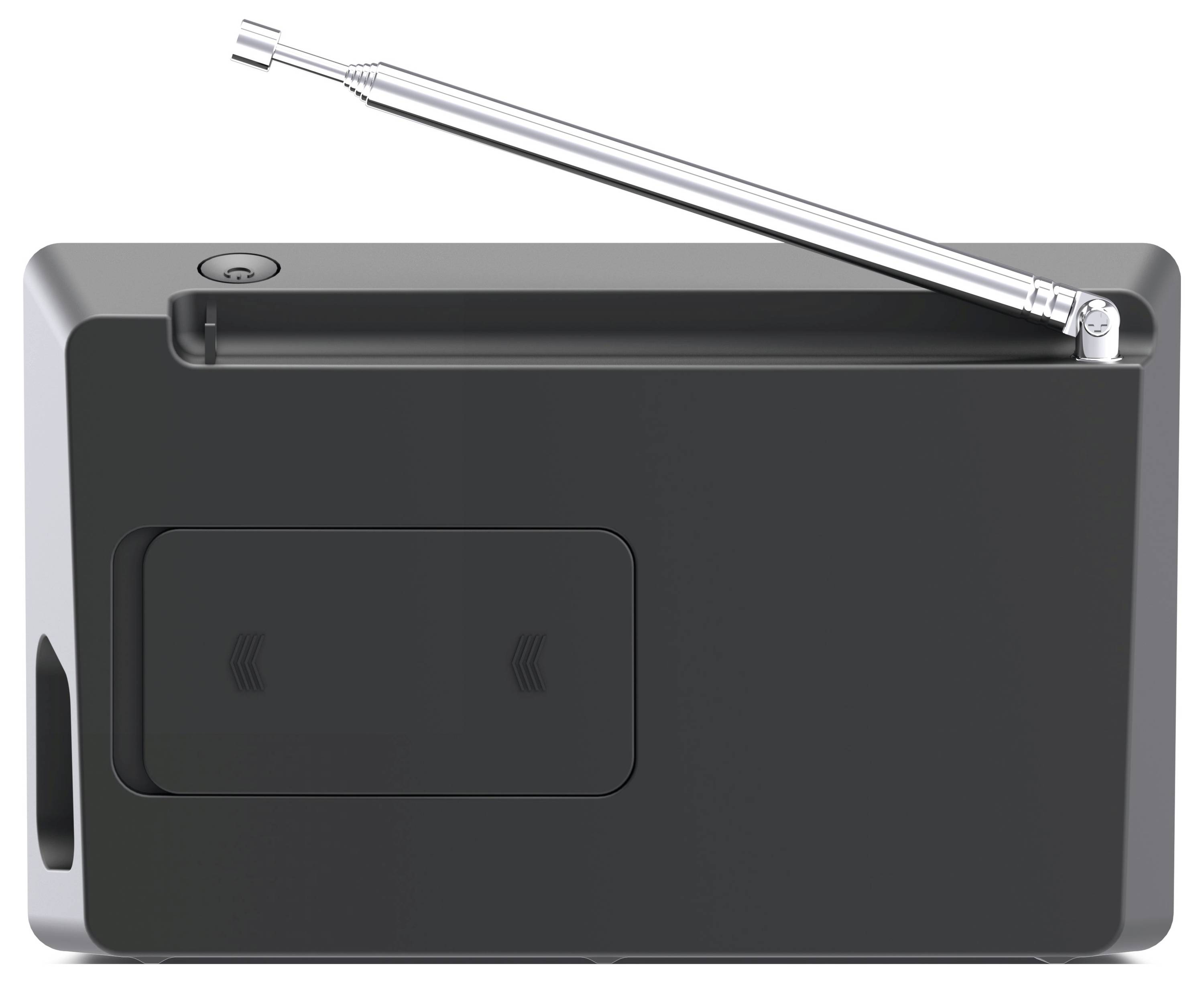 Ein schwarzes tragbares Radio mit ausgezogener Teleskopantenne, Ansicht von hinten.