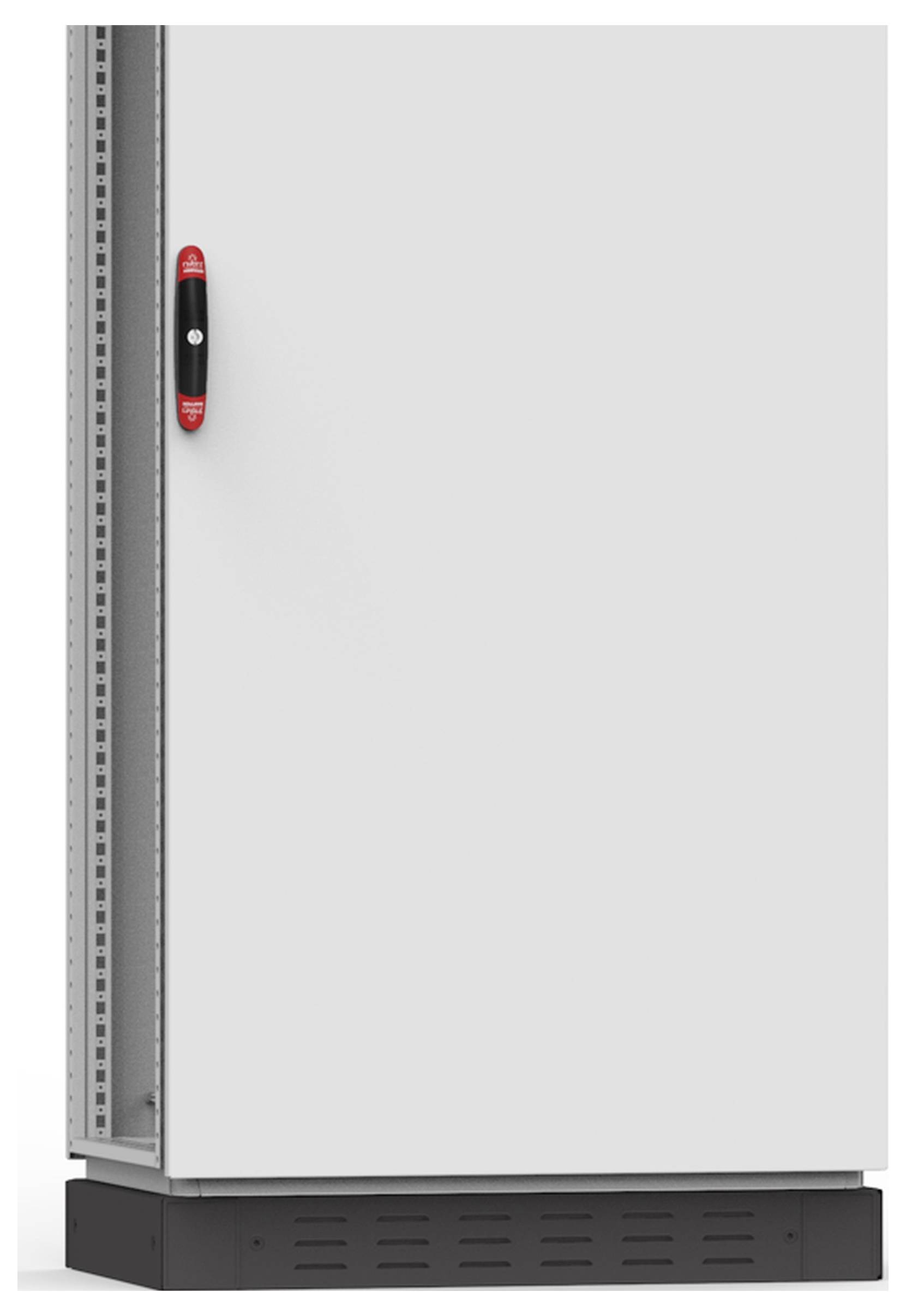 Ein grauer Metallschrank mit einer schwarzen Basis und einem roten Griff auf der linken Seite.