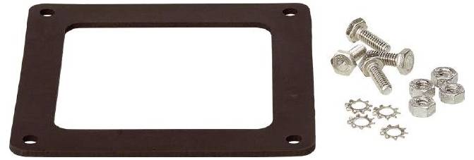 Rechteckige schwarze Halterung mit Bohrungen, vier Schrauben, vier Muttern und Unterlegscheiben. Zubehör zur Montage.