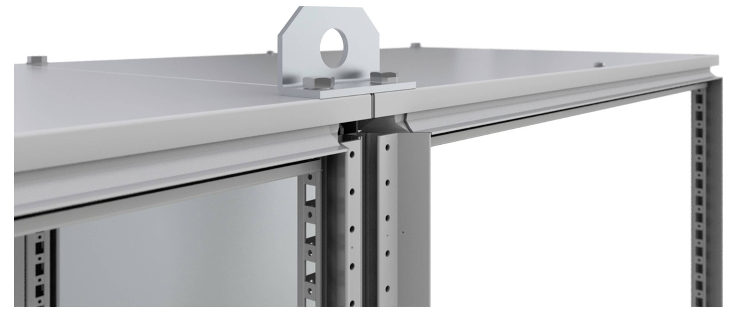 Schrankdetail mit stabiler metallischer Halterung und Scharnierverbindungen. Geeignet für industrielle Lagerlösungen.
