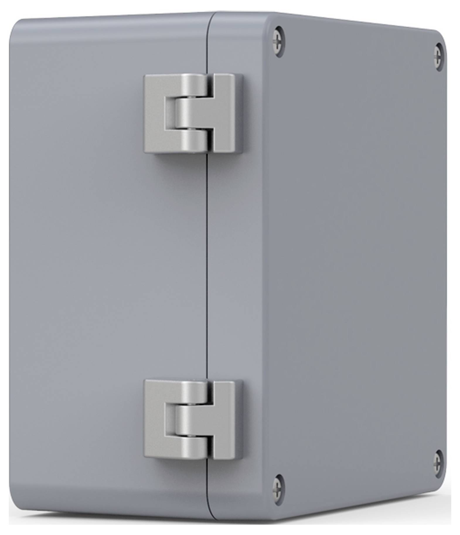 Metallkasten mit zwei Scharnieren, grau, quaderförmig.
