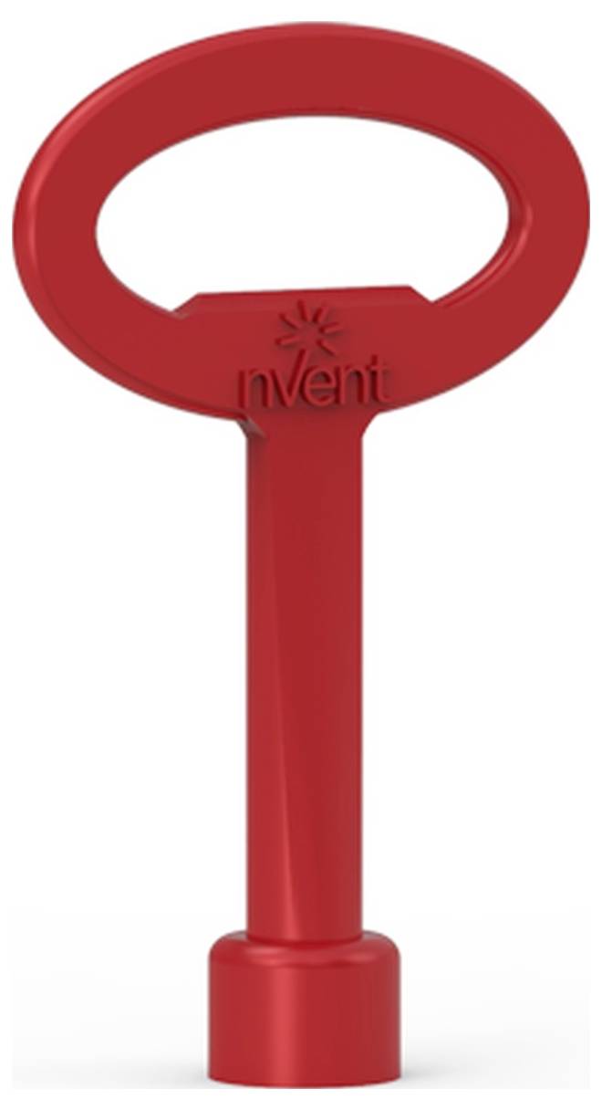 Ein roter, ovaler Griffschlüssel mit der Aufschrift 'nVent'.