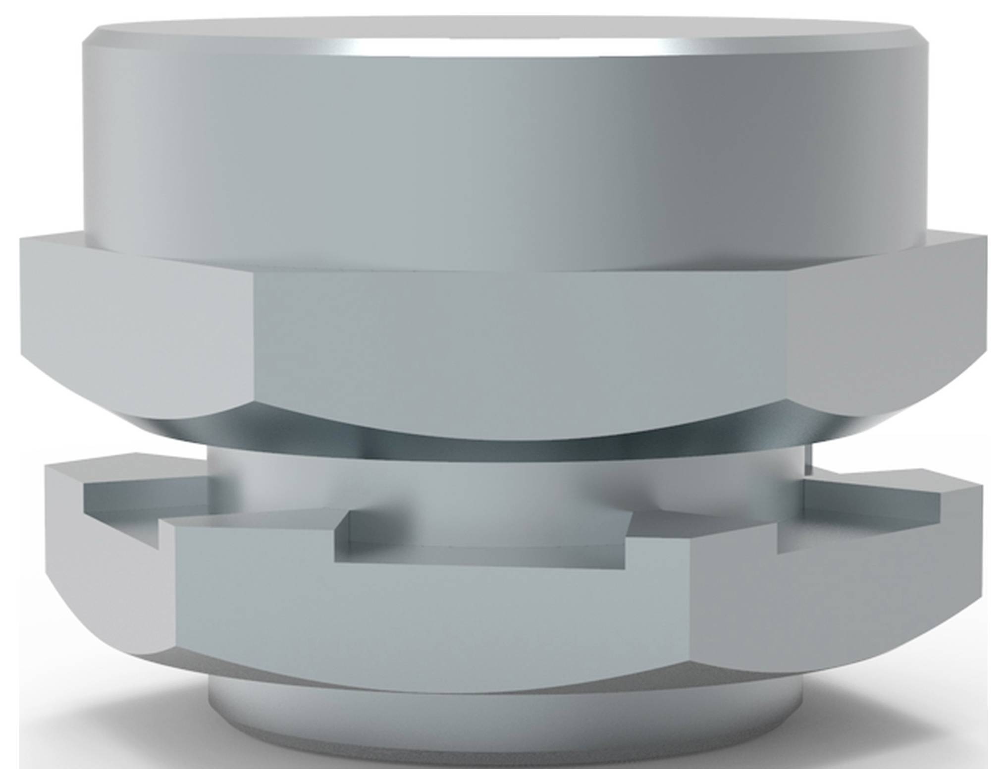 Metallischer Zylinder mit präzisen Aussparungen und glatter Oberfläche, geeignet für industrielle Anwendungen.