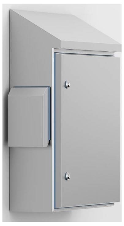 Ein grauer, metallischer Schrank mit abgeschrägter Oberseite und zwei herausragenden Griffen, montiert an einer Wand.