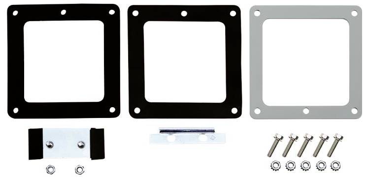 Ein Set aus drei rechteckigen Metallrahmen unterschiedlicher Farbe, Schrauben und Metallklammern zur Befestigung.