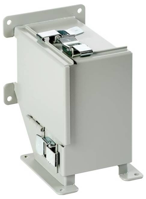 Ein grauer, rechteckiger Schütz auf einem Metallrahmen, mit Anschlüssen oben für elektrische Verbindungen.