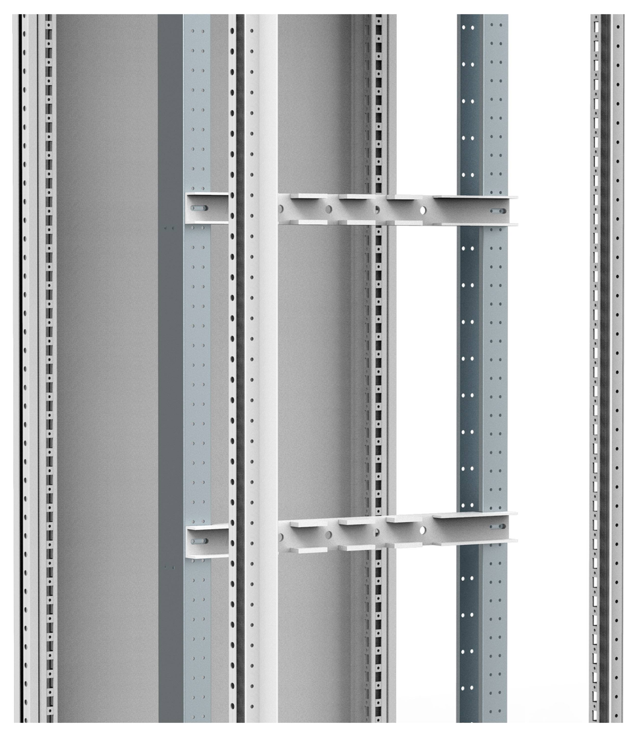 Metallrahmenstruktur mit vertikalen und horizontalen Streben, symmetrisch angeordnet, vor weißem Hintergrund.