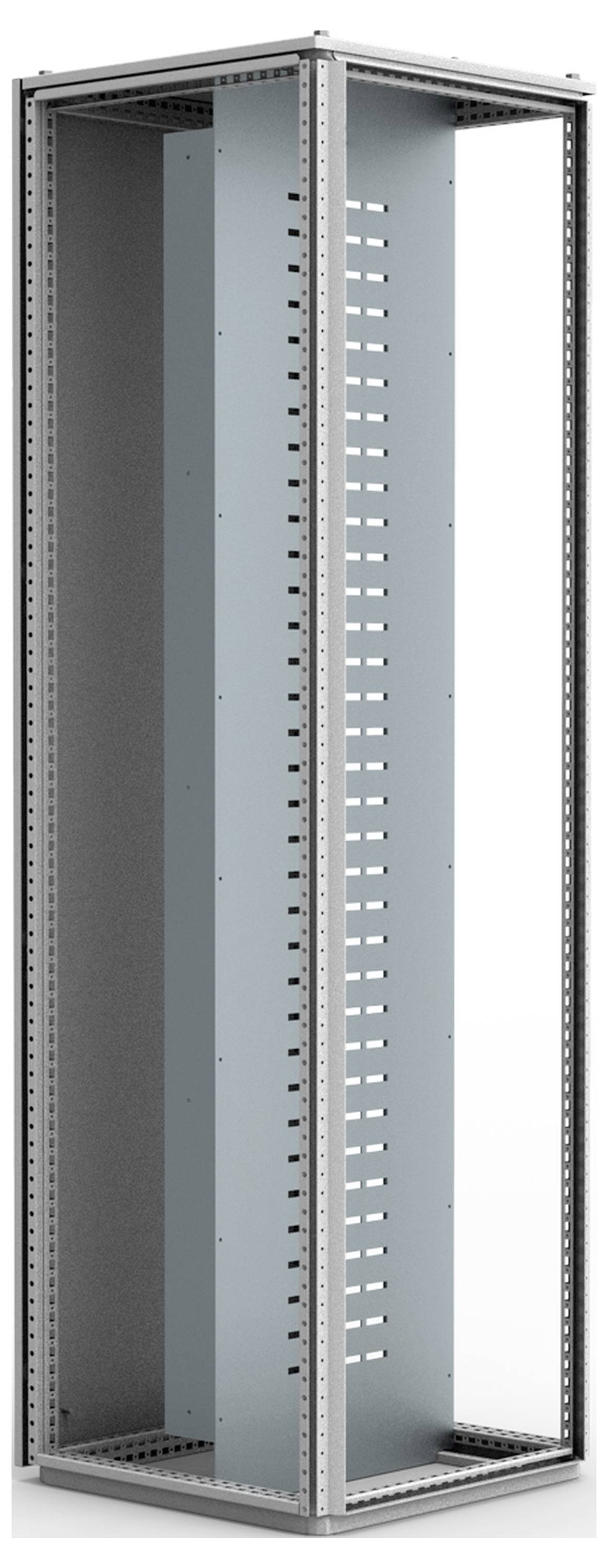 Metallrahmen eines Serverracks mit offenem Design, grau, geräumig und für die Aufnahme von IT-Geräten vorbereitet.
