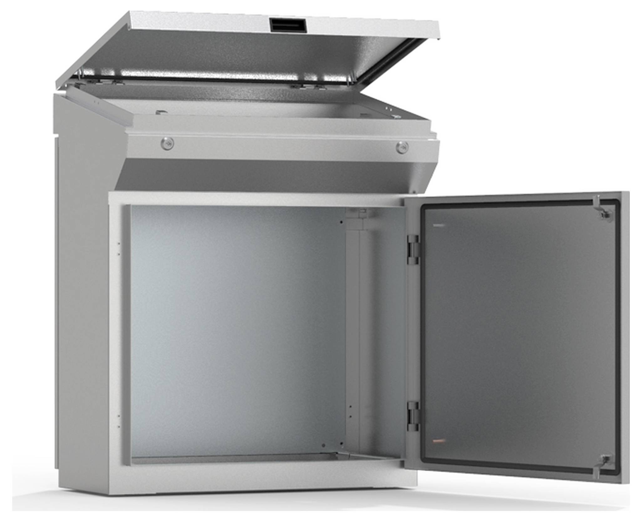 Metallischer Schrank mit zwei offenen Türen, geeignet für industrielle Anwendungen. Robustes Design für den Schutz von Geräten.