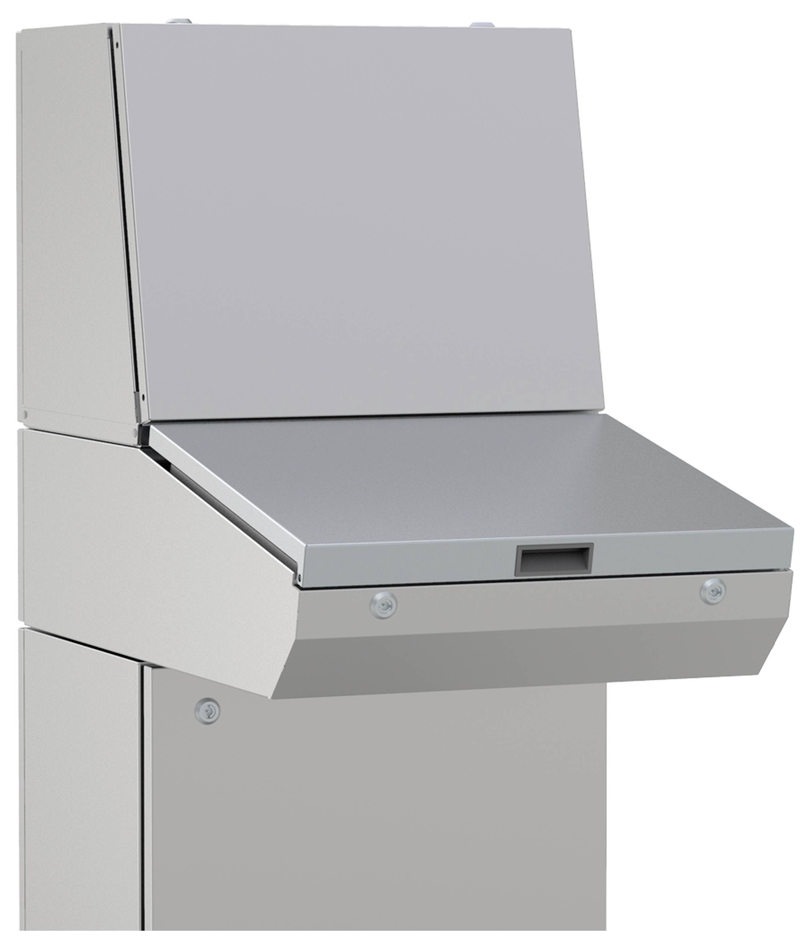 Ein rechteckiger, geschlossener Metallbehälter mit Klappdeckel. Der Behälter befindet sich an einem vertikalen Standfuß.