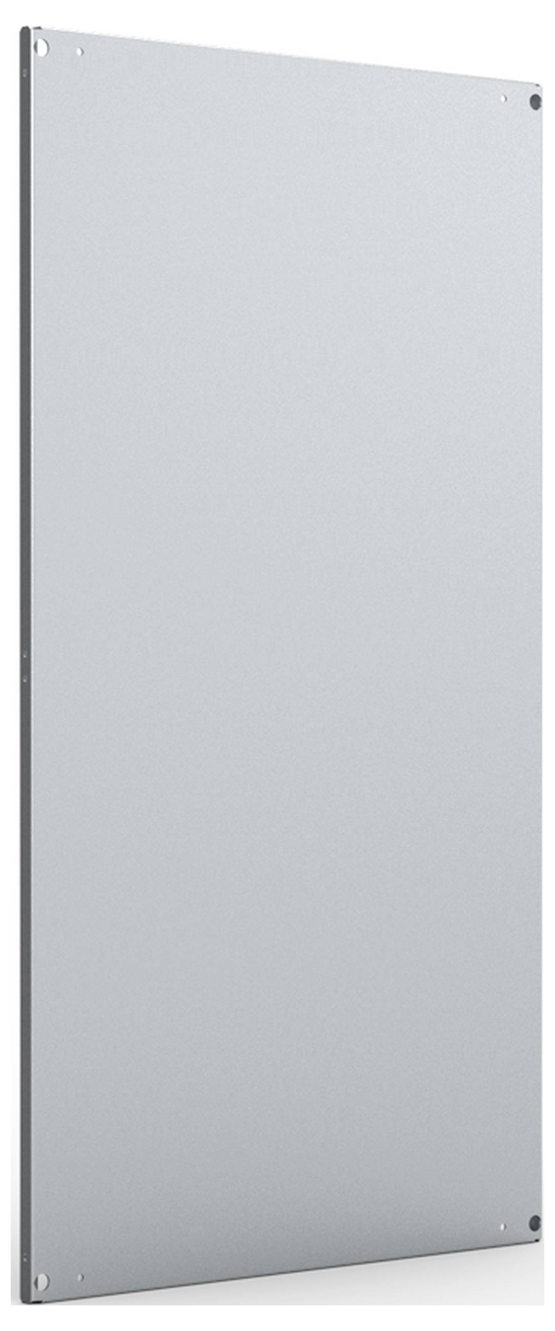 Metallische rechteckige Platte, grau, leicht reflektierend. Montiert an der Wand mit sichtbaren Schrauben an den Ecken, minimalistisches Design.