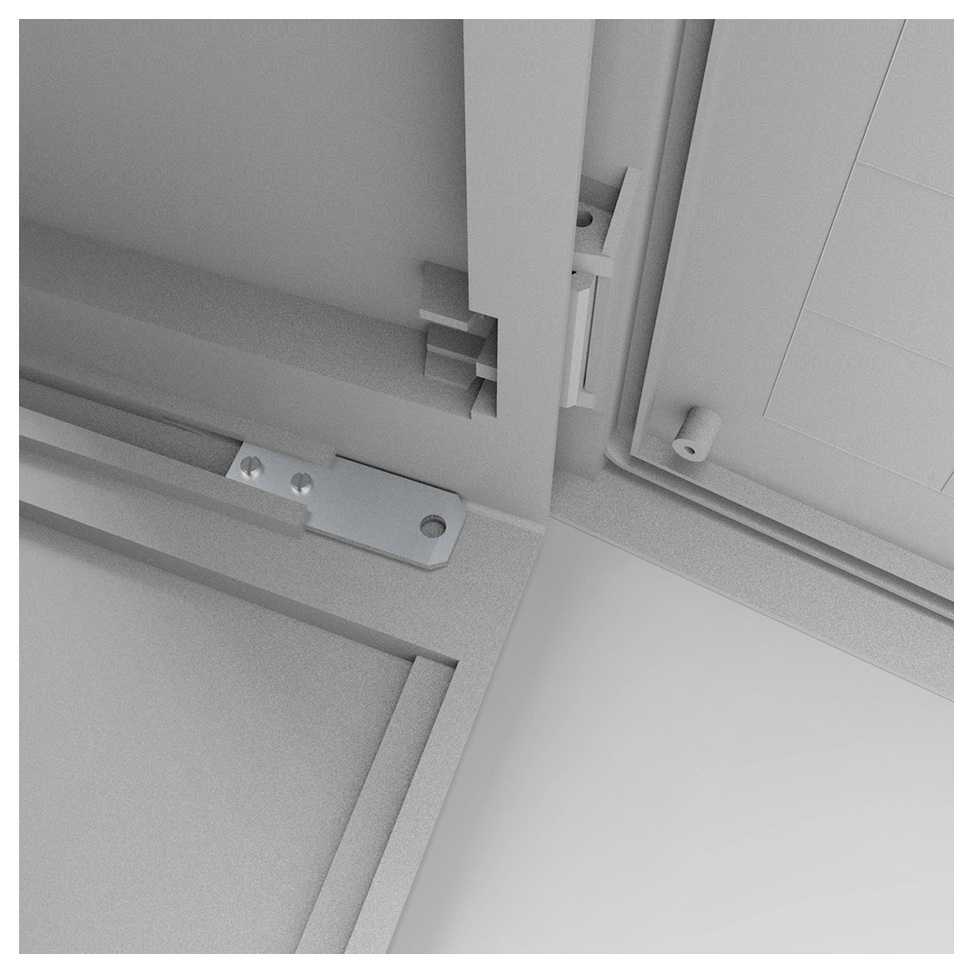 Ein Scharniermechanismus in Nahaufnahme zeigt Detail der Metallverbindung an einem Möbelstück, möglicherweise ein Schrank.