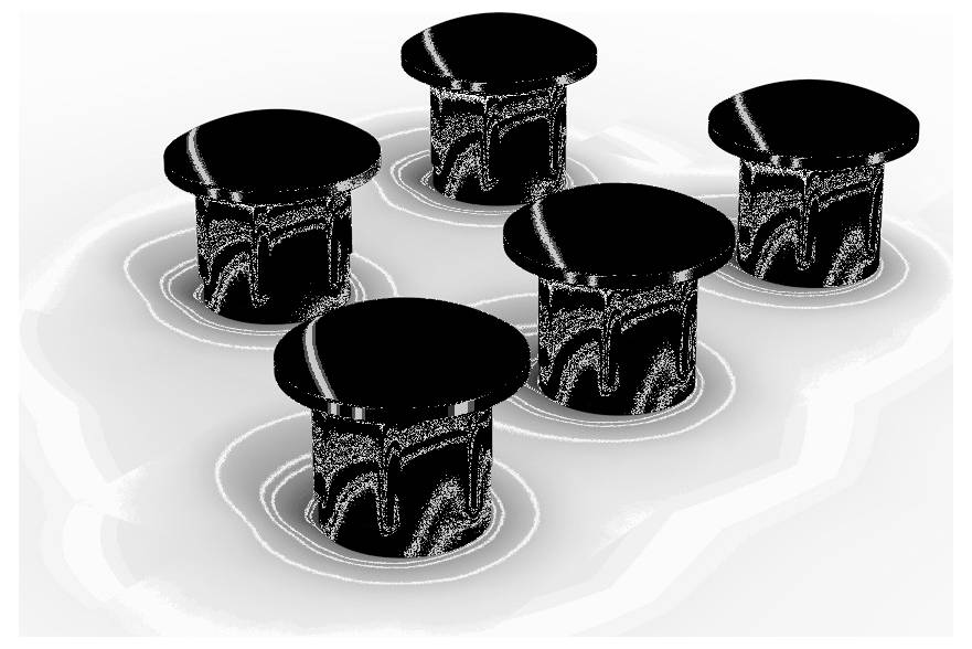 Fünf schwarze, pilzförmige Knöpfe auf einer weißen, fast flüssig wirkenden Oberfläche. Sie scheinen in die Oberfläche eingetaucht zu sein.