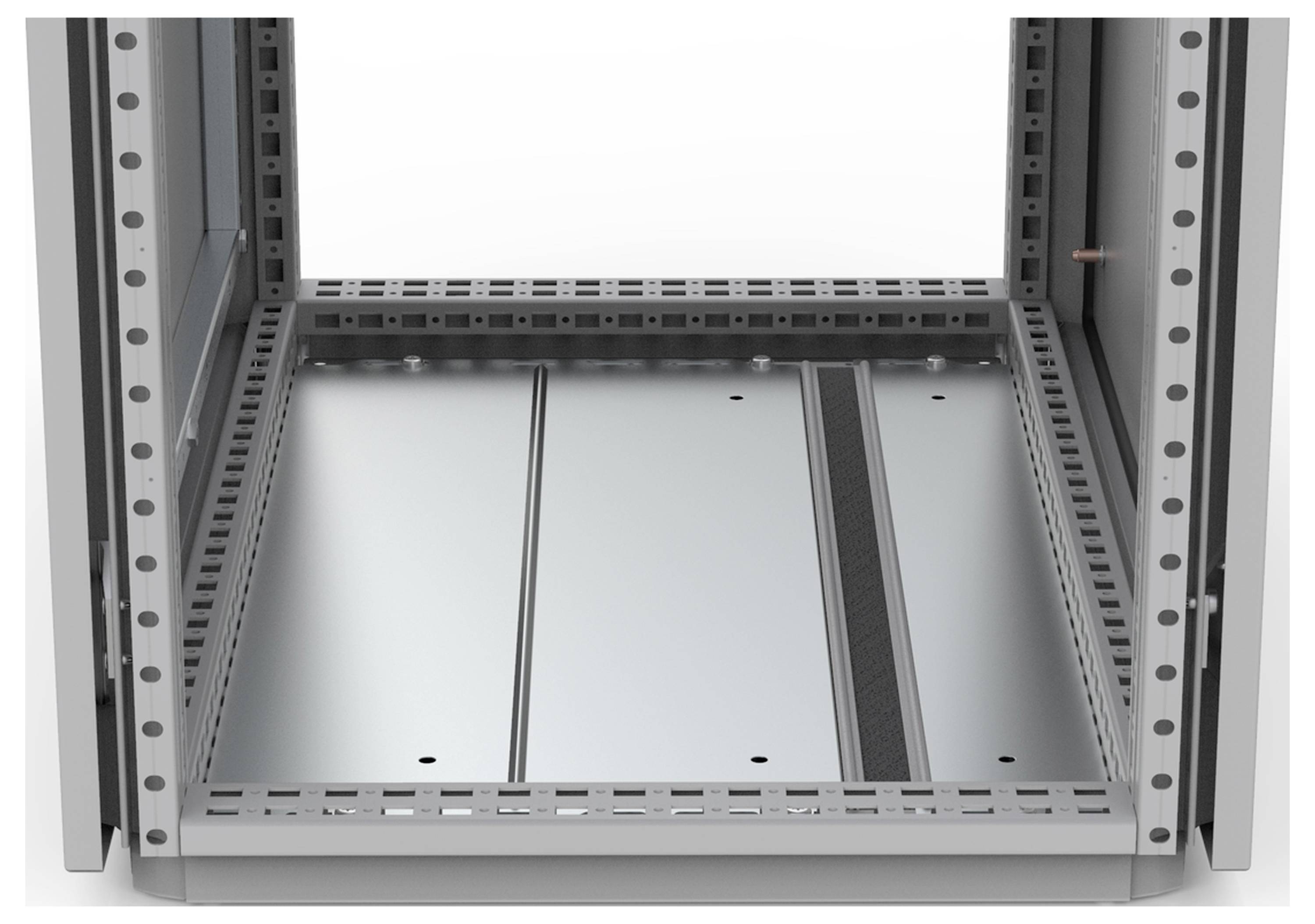 Ein leerer, grauer Server-Rack-Schrank aus Metall mit sichtbarem Boden und seitlichen Streben, bereit zur Installation von Hardware.