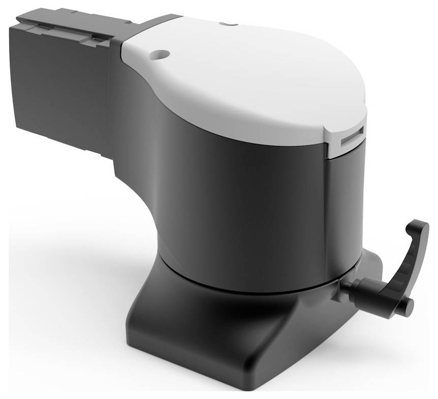 Ein schwarzer und weißer elektrischer Motor mit einem Hebel an der Seite, auf einem rechteckigen Standfuß montiert, für industrielle Anwendungen.