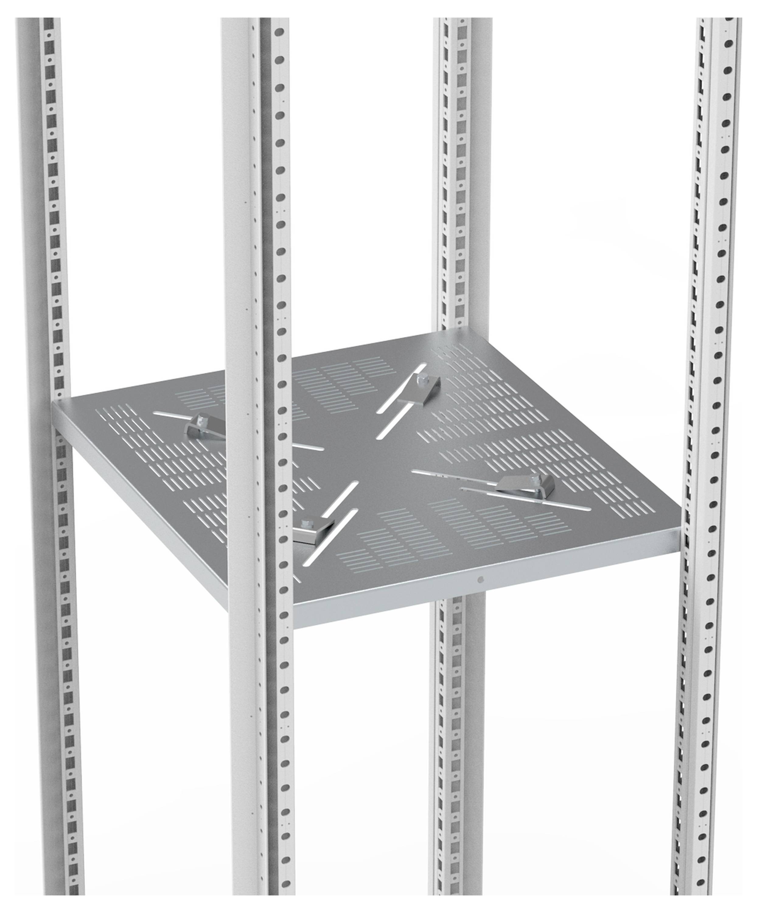 Ein Metallregal, auf halber Höhe in einem offenen Gitterrahmen montiert, mit mehreren Reihen von Lüftungsschlitzen zur Belüftung.