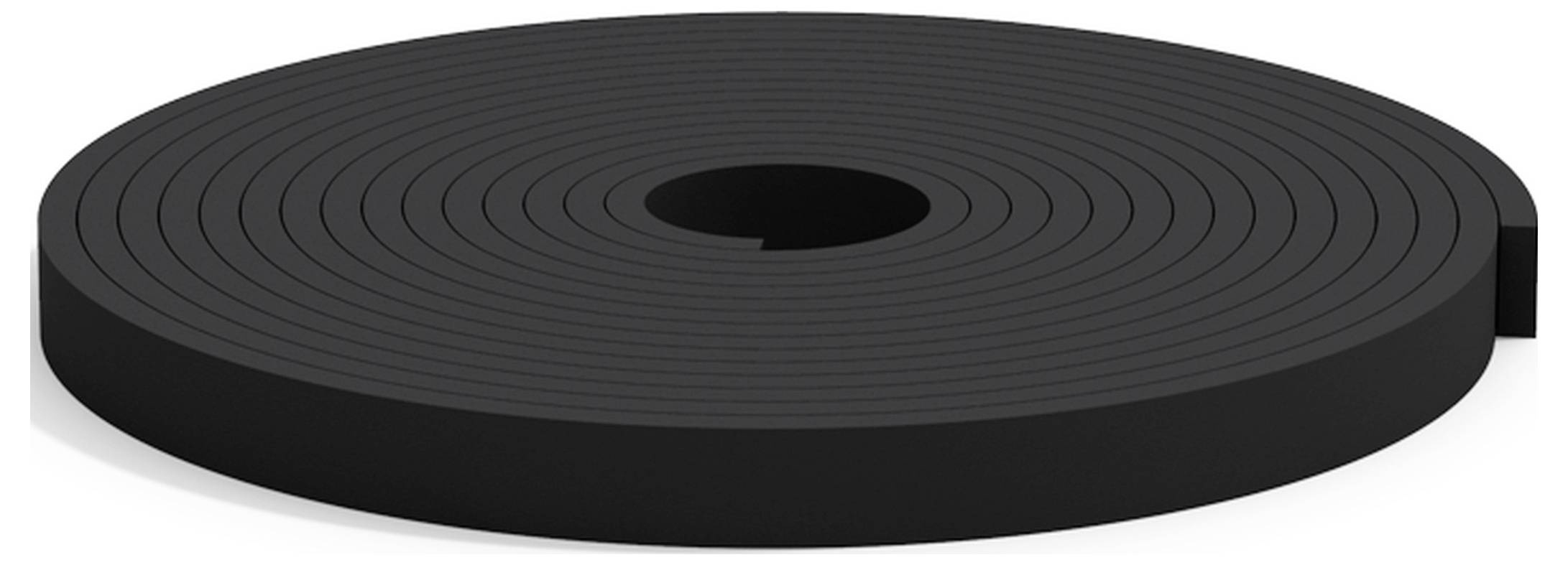 Rolle eines dünnen, schwarzen Magnetbands, das flach auf einer hellen Oberfläche liegt.