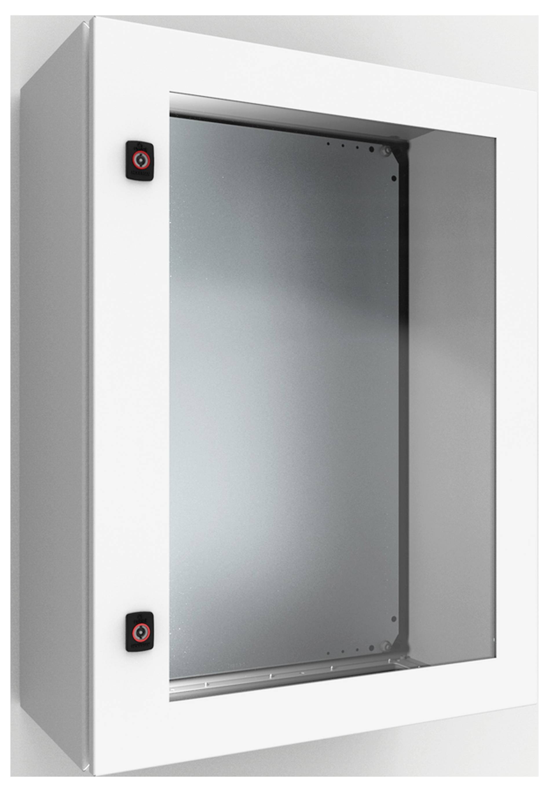 Metall-Schrank mit Glasfront und zwei schwarzen Knöpfen an der linken Seite, möglicherweise zur Sicherung oder Aufbewahrung.