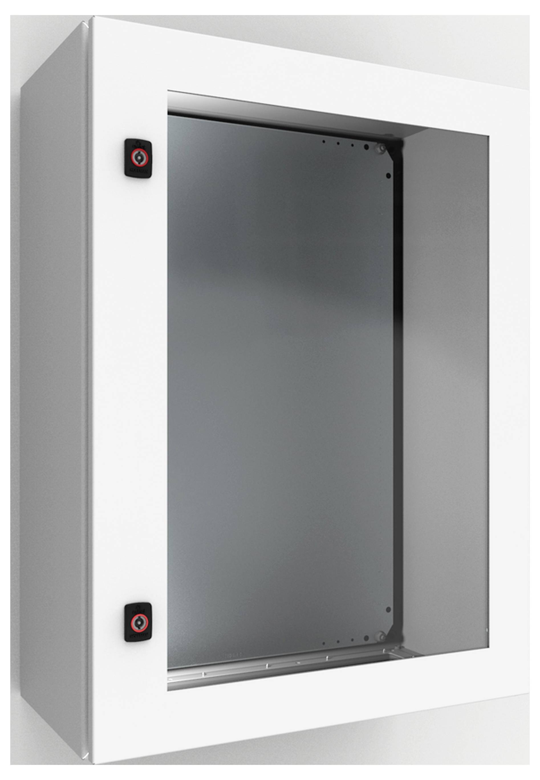 Ein leerer, weißer Wandschrank mit Glastür, montiert an einer Wand. Die Tür hat zwei kleine schwarze Griffe. Der Schrank hat keine Regale.