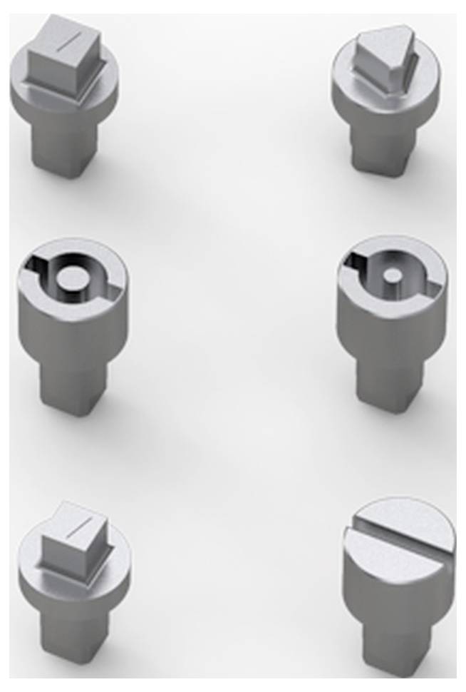 Sechs graue Metallstreben mit verschiedenen geometrischen Köpfen auf weißem Hintergrund, die unterschiedliche Schraubentypen darstellen.