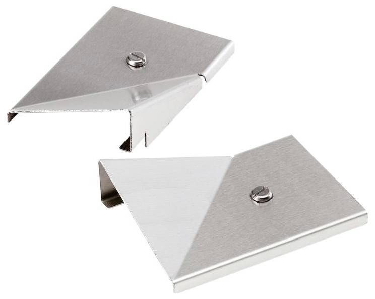 Zwei silberne Metallhalter mit dreieckiger Form, die flach auf einer Oberfläche liegen. Ideal zum Einsatz als Buchstützen oder für Platten.