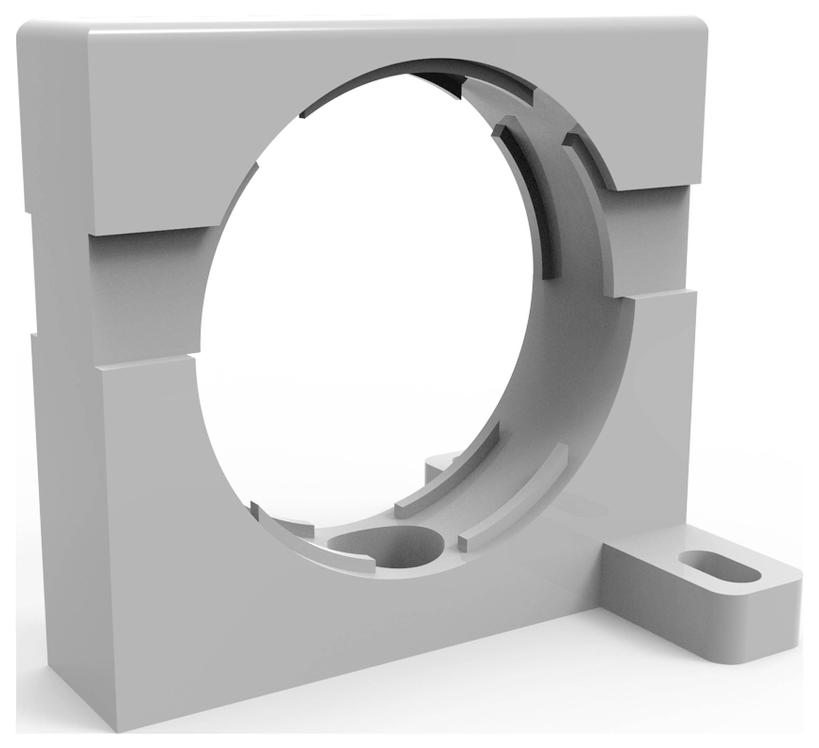 Graues, quadratisches Kunststoffteil mit rundem Loch in der Mitte und seitlicher Lasche. Bestandteil einer mechanischen Halterung.