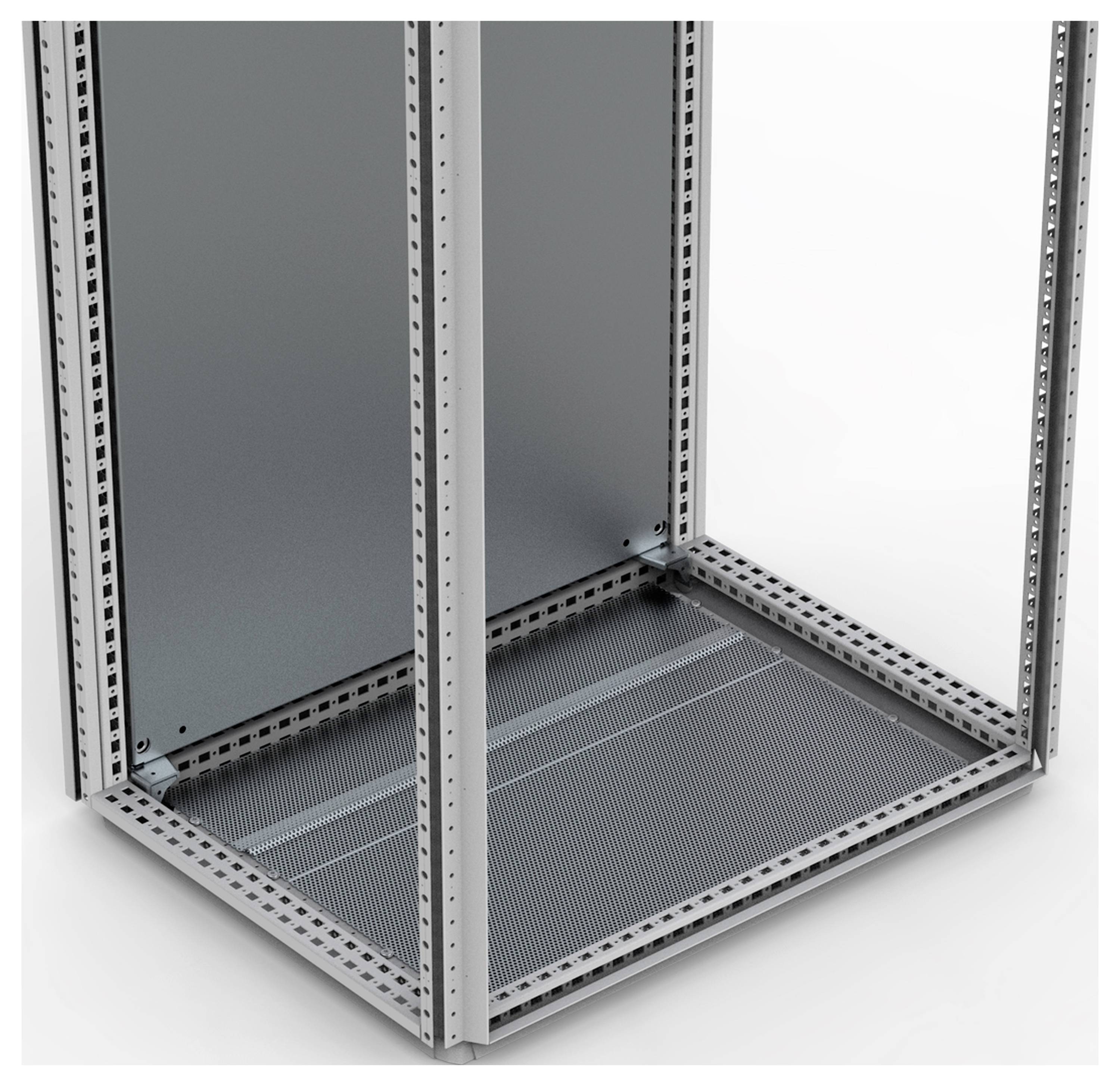 Ein offenes Metallgerüst für ein elektrisches Rack. Es zeigt vertikale und horizontale Stahlstreben mit einem perforierten Boden.