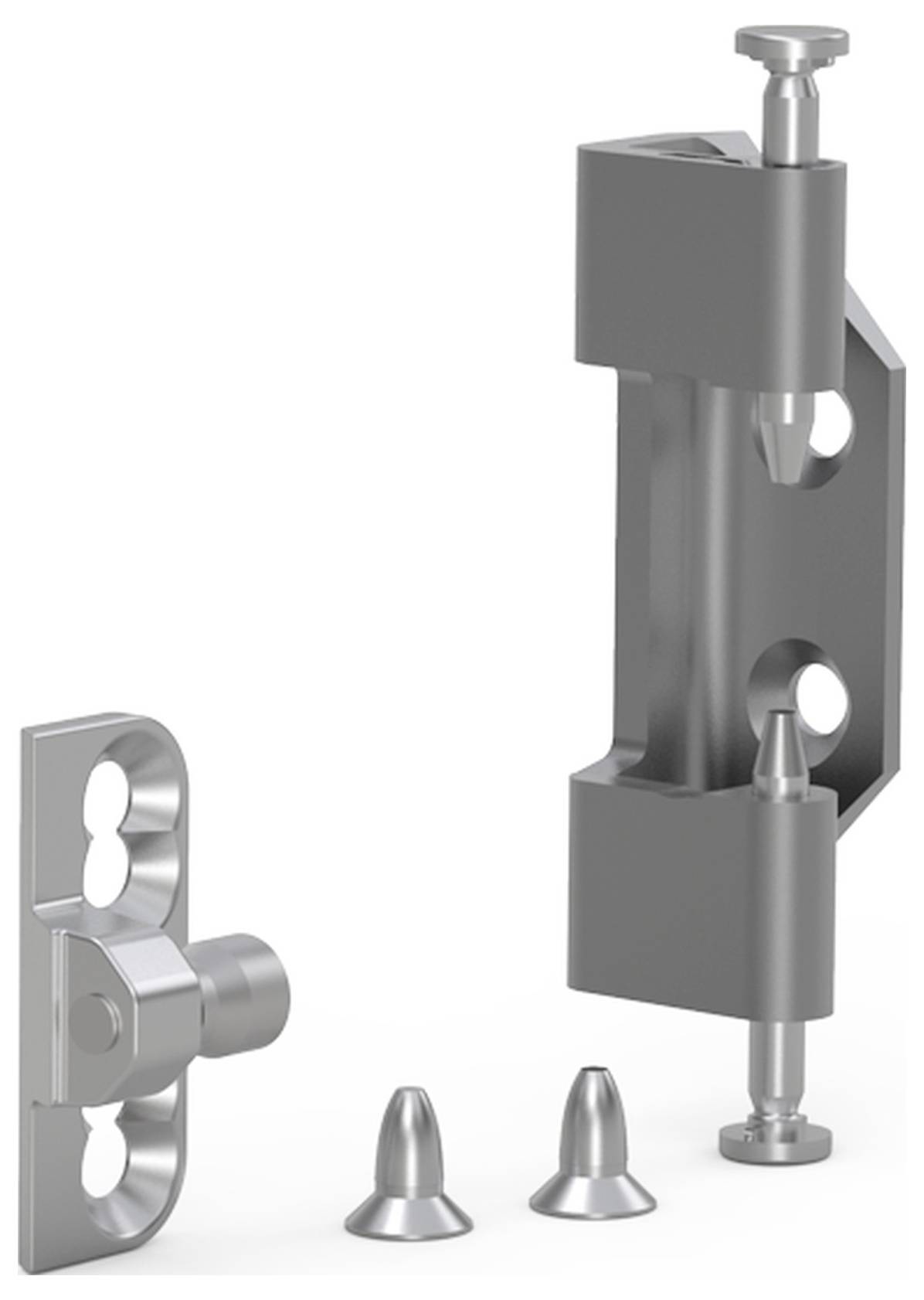 Metallscharnierset mit Hauptscharnier, Pfostenplatte und zwei Befestigungselementen. Ideal für robuste Türen und Tore.