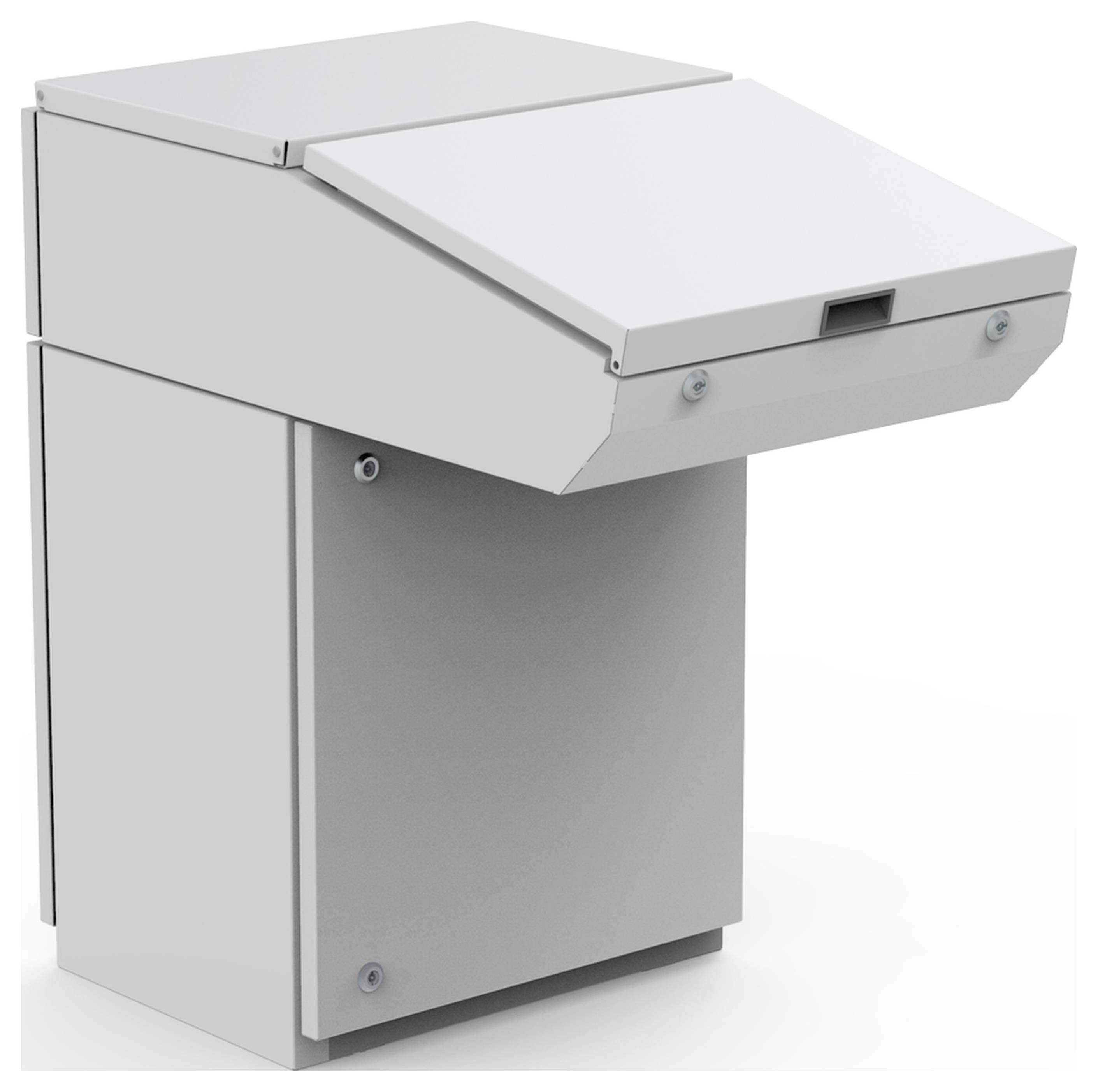 Grauer, metallischer Schrank mit schräger Frontklappe. Wahrscheinlich ein Schaltkasten oder Gehäuse zur Aufbewahrung von elektronischen Geräten.