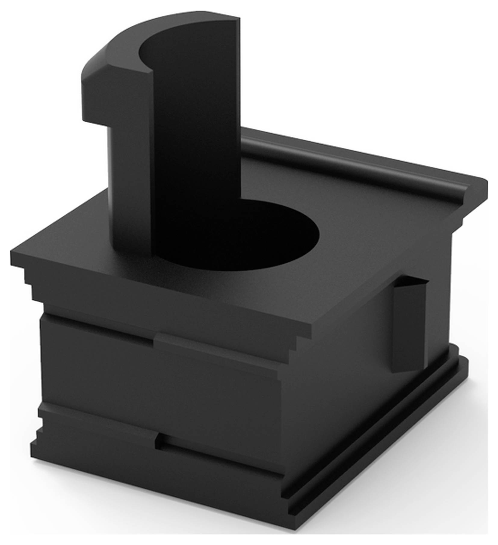 Schwarzes, eckiges Bauteil mit einem zylindrischen Hohlraum in der Mitte, das als mechanisches oder elektronisches Gehäuseteil dient.