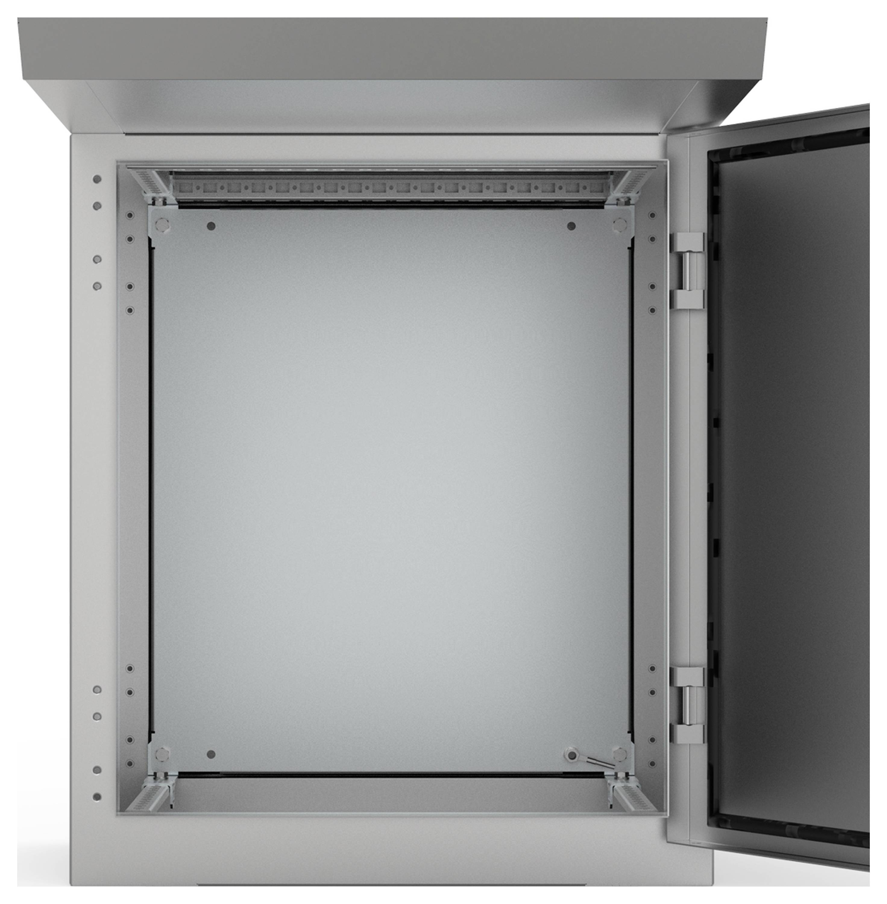 Ein geöffneter, leerer Metallschrank mit Glastür, geeignet für Elektronik- oder Technikinstallationen.