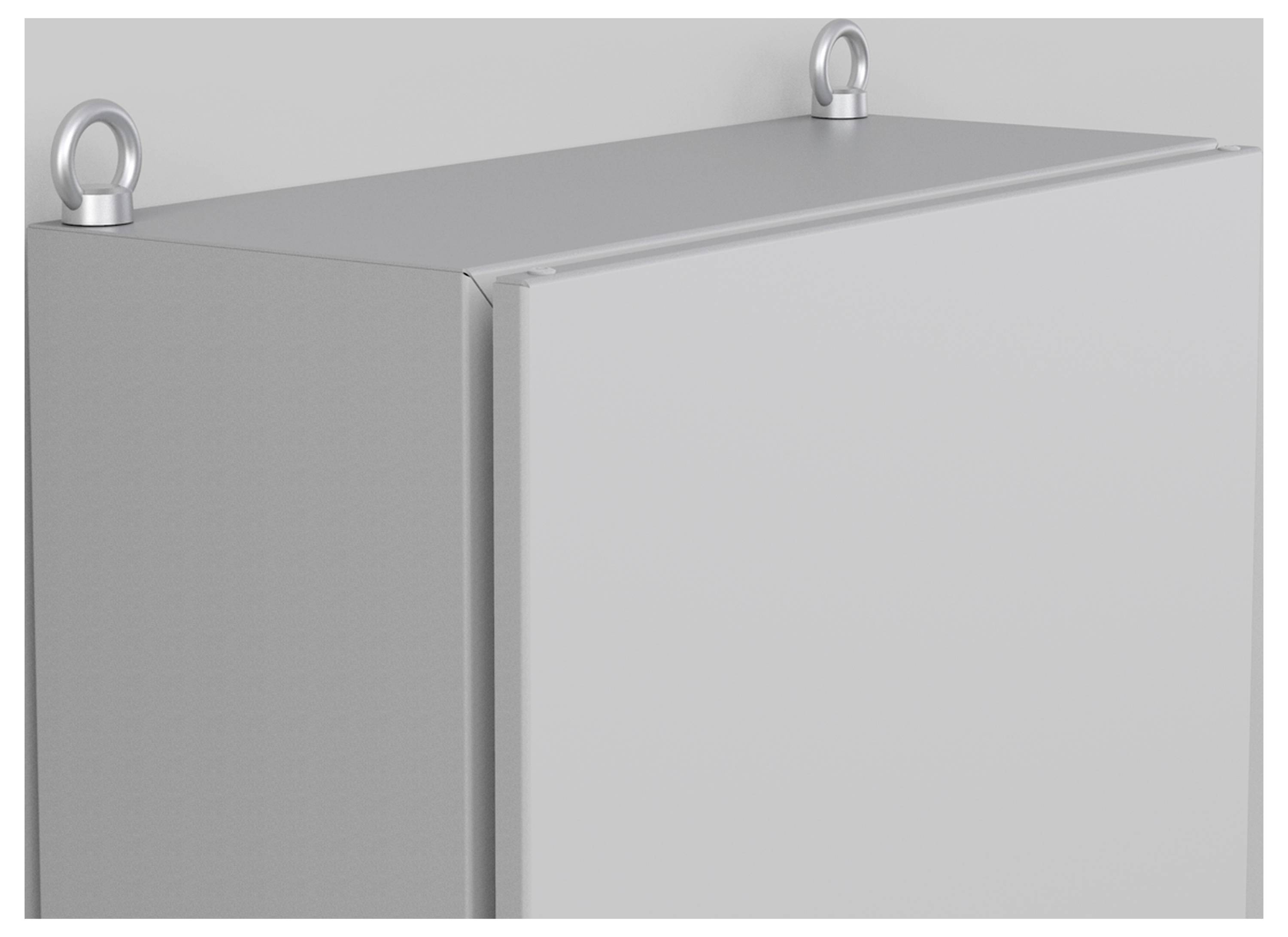 Grauer Metallkasten mit zwei Aufhängeösen an der Oberseite, wahrscheinlich zur Wandmontage gedacht.