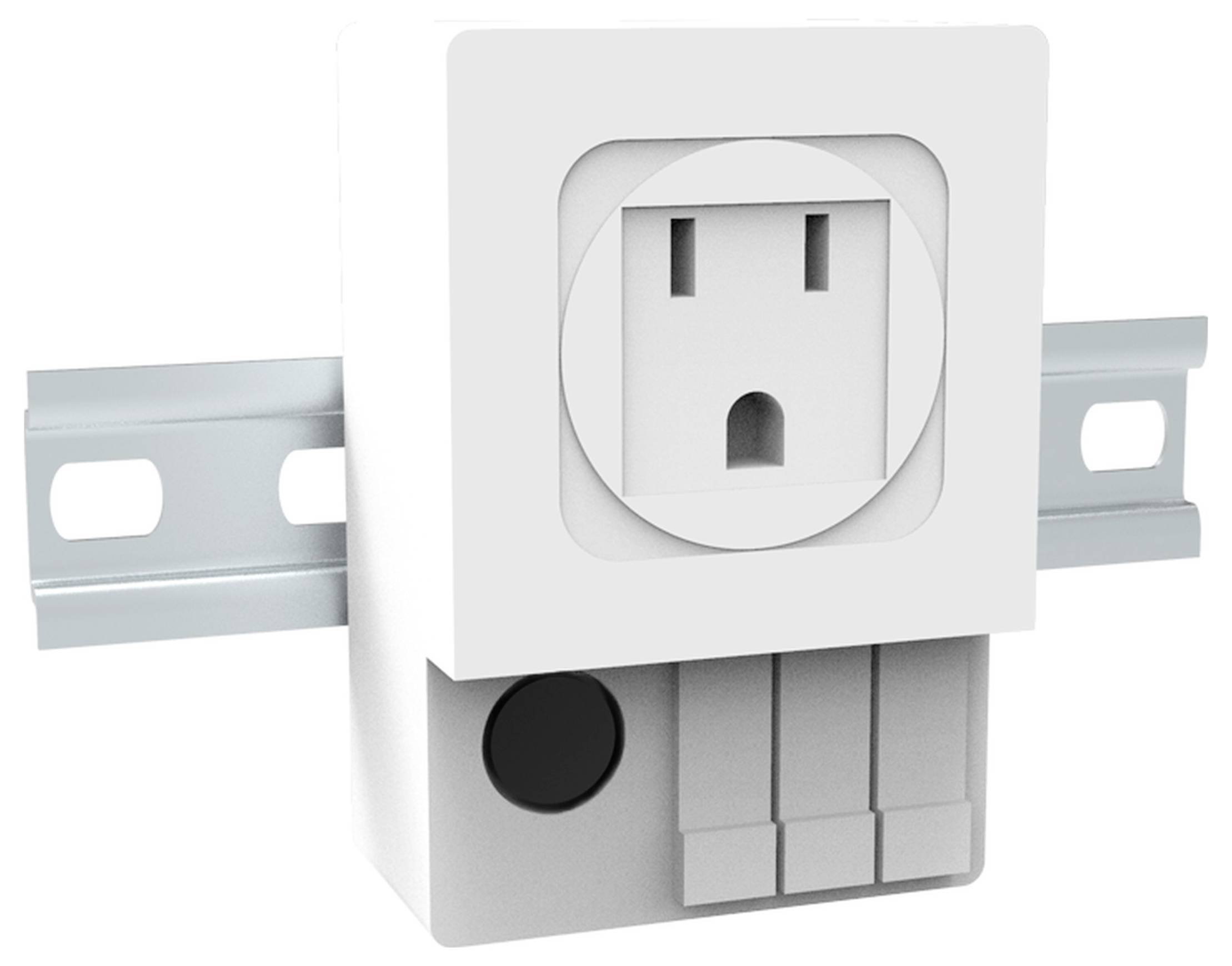 Elektrischer Adapter für die DIN-Schiene, mit Steckdose und Schalter. Weißes Gehäuse, geeignet für industrielle Anwendungen.