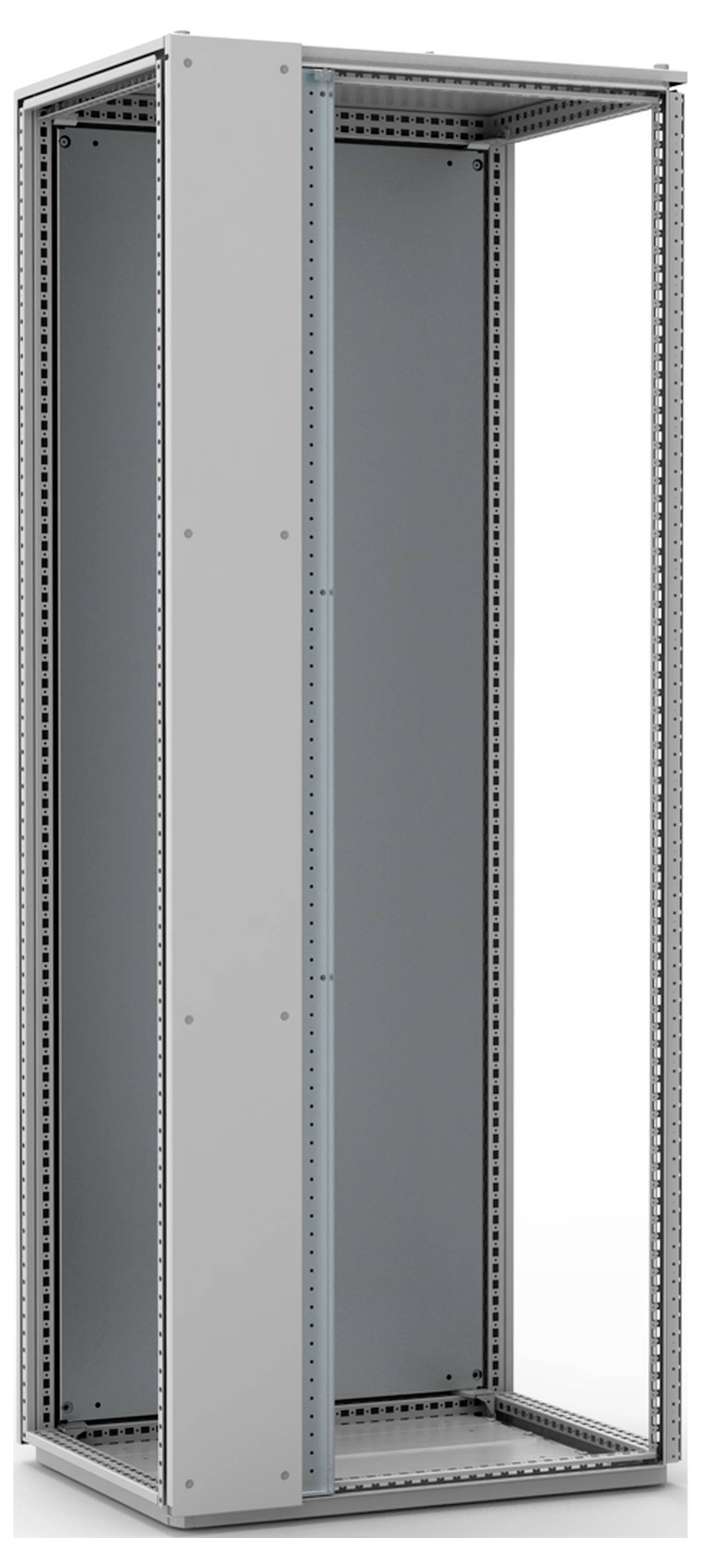 Ein leerer, offener Server-Rackrahmen aus Metall, stehend auf grauem Hintergrund. Geeignet für IT-Ausrüstung zur Datenverwaltung.