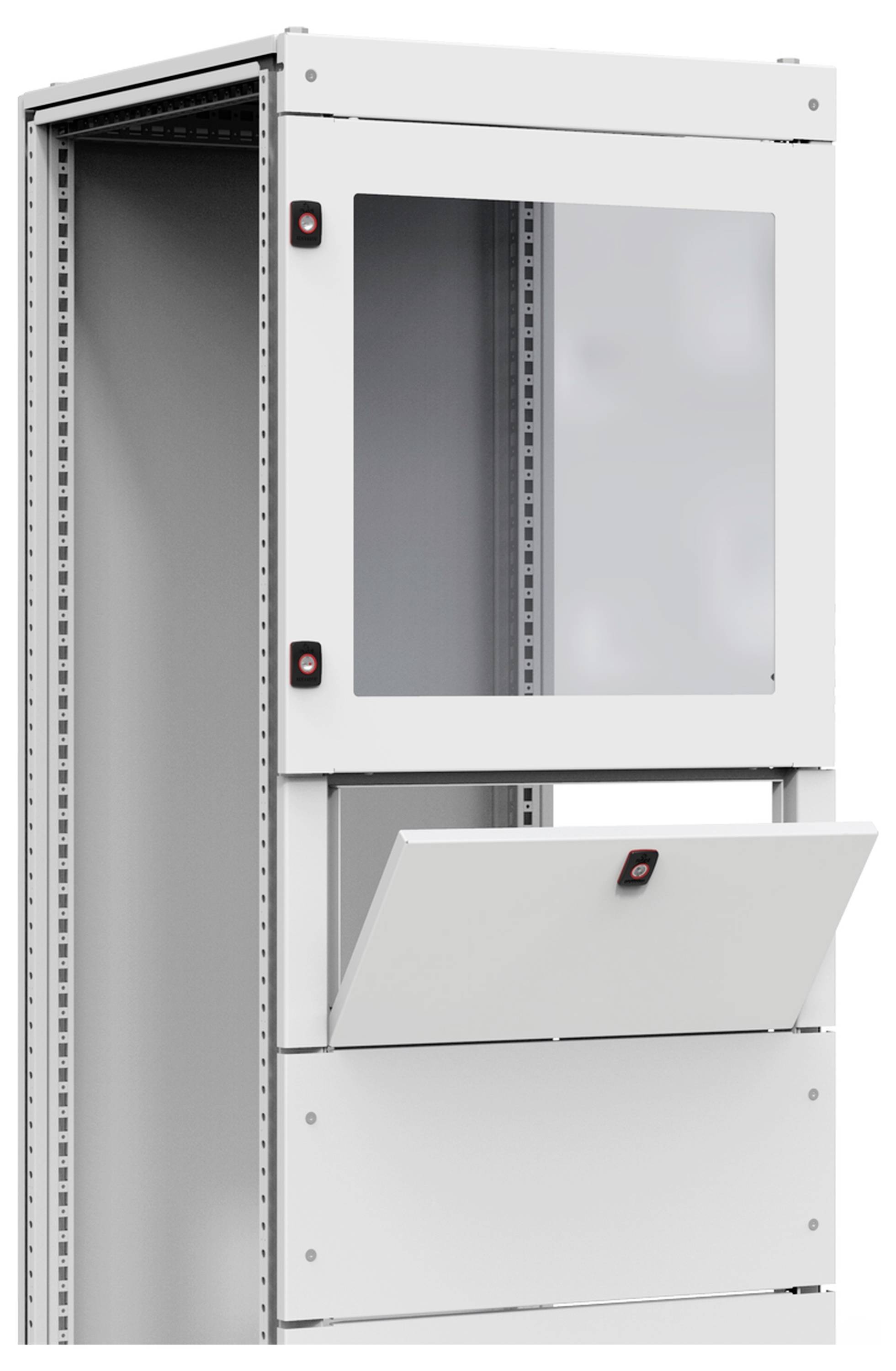 Ein weißer Server-Rack mit einer Glastür oben und einem offenen Ablagefach unten.