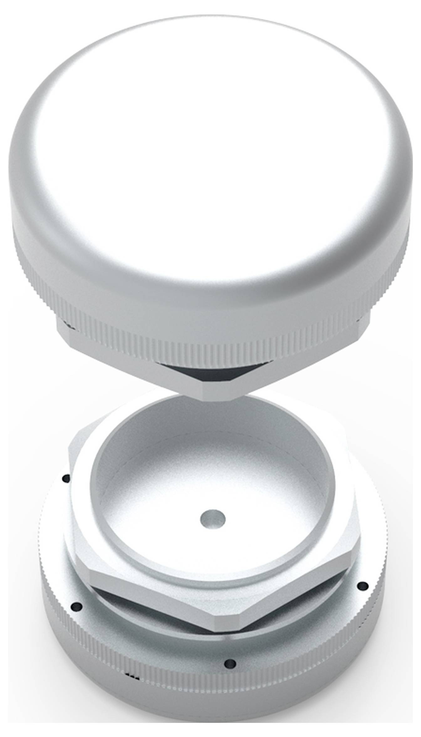 Ein silbernes, zylindrisches Ölfiltergehäuse mit abgenommener Kappe, das die Innenseite zeigt.