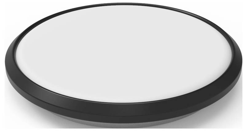 Eine runde, flache LED-Deckenleuchte mit schwarzem Rahmen. Sie hat ein schlichtes, modernes Design.