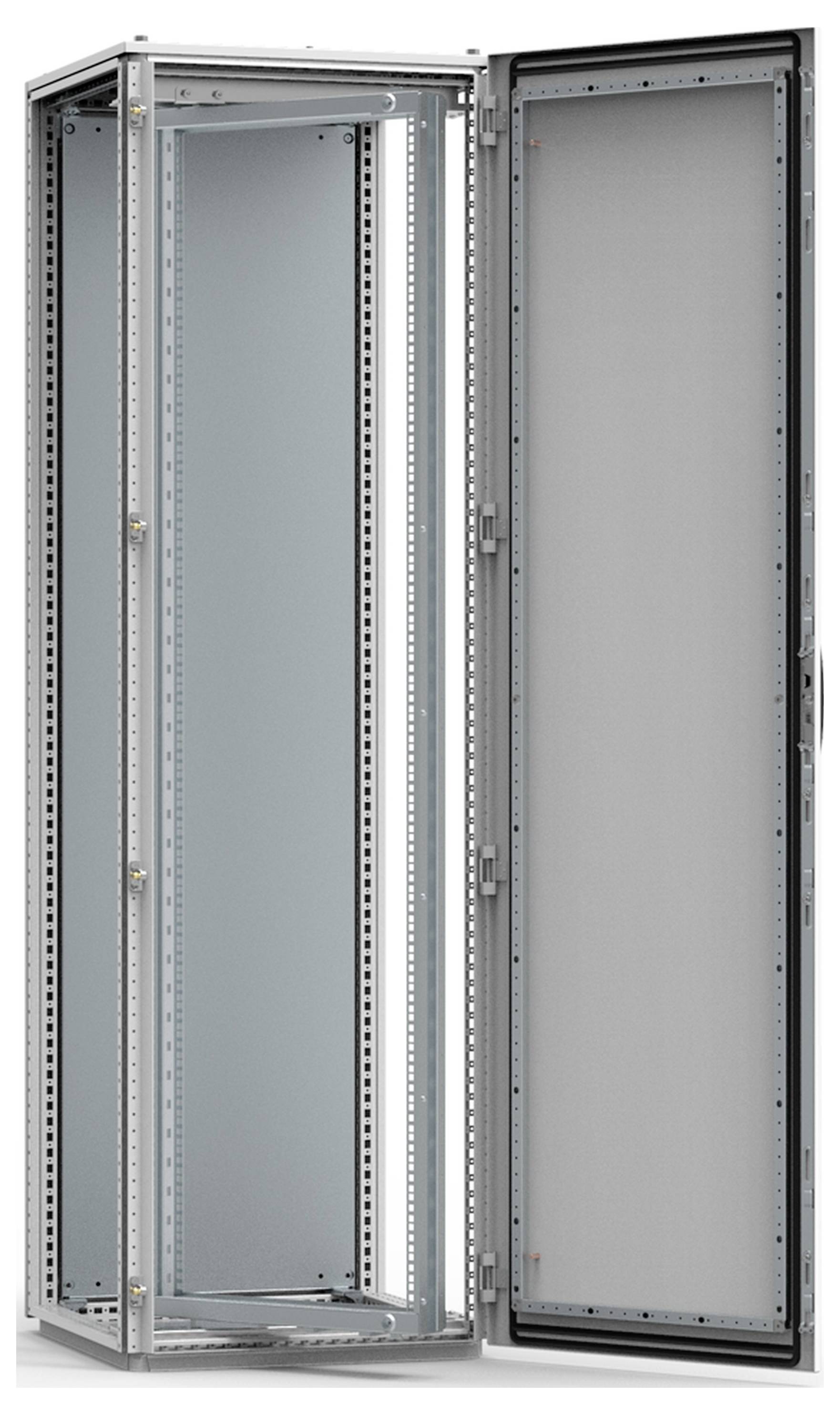 Ein offener Server-Schrank mit Gittertür, bereit zur Installation von IT-Geräten. Ideal für Kühlung und Sicherheitsanforderungen.