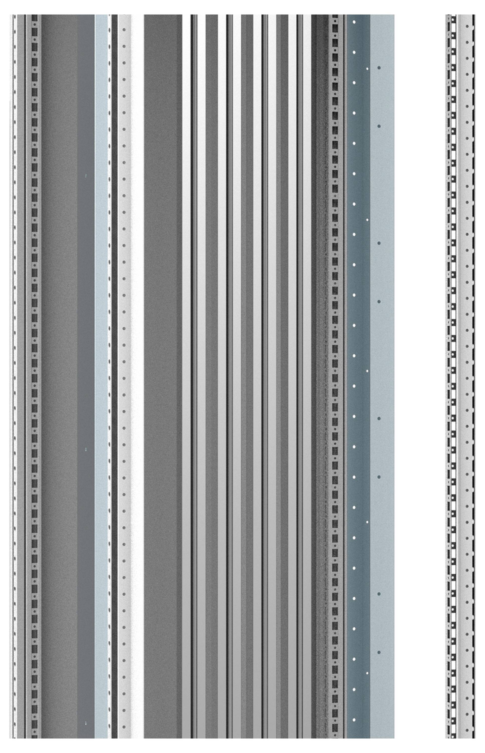 Eine Reihe vertikaler, unterschiedlich breiter Linien in Grautönen und Blau verläuft über das Bild. Einige Linien haben punktierte Ränder.