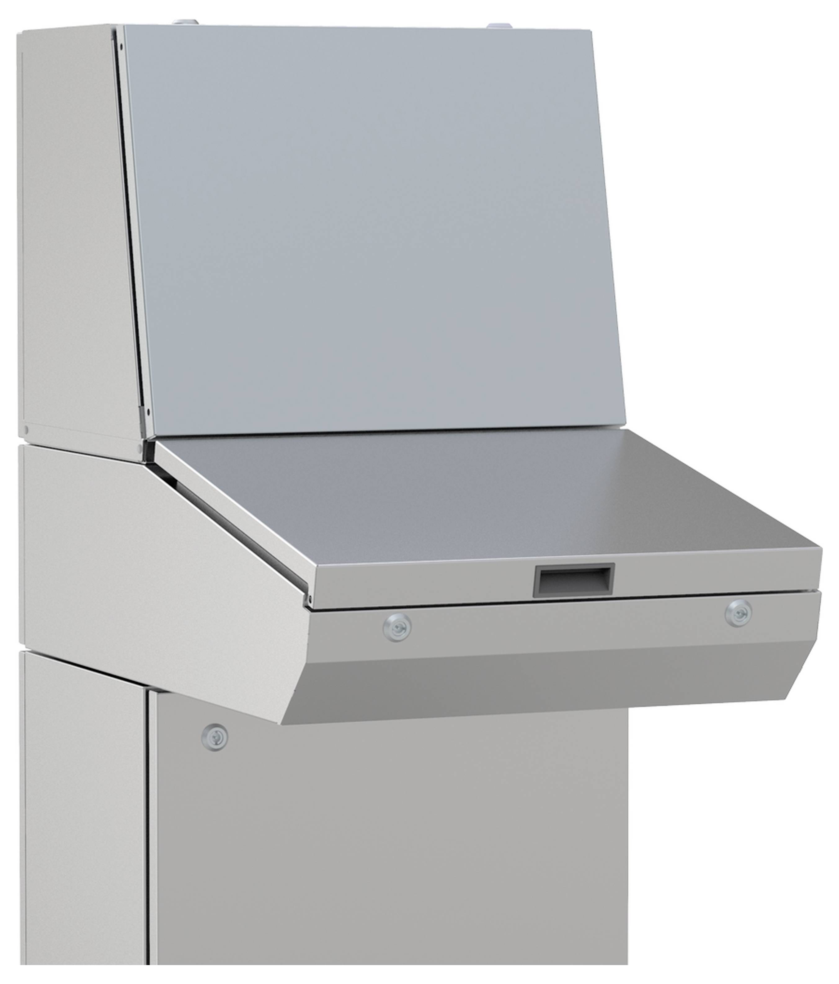 Metallener Aufbewahrungsschrank mit klappbarem Deckel und Schublade.