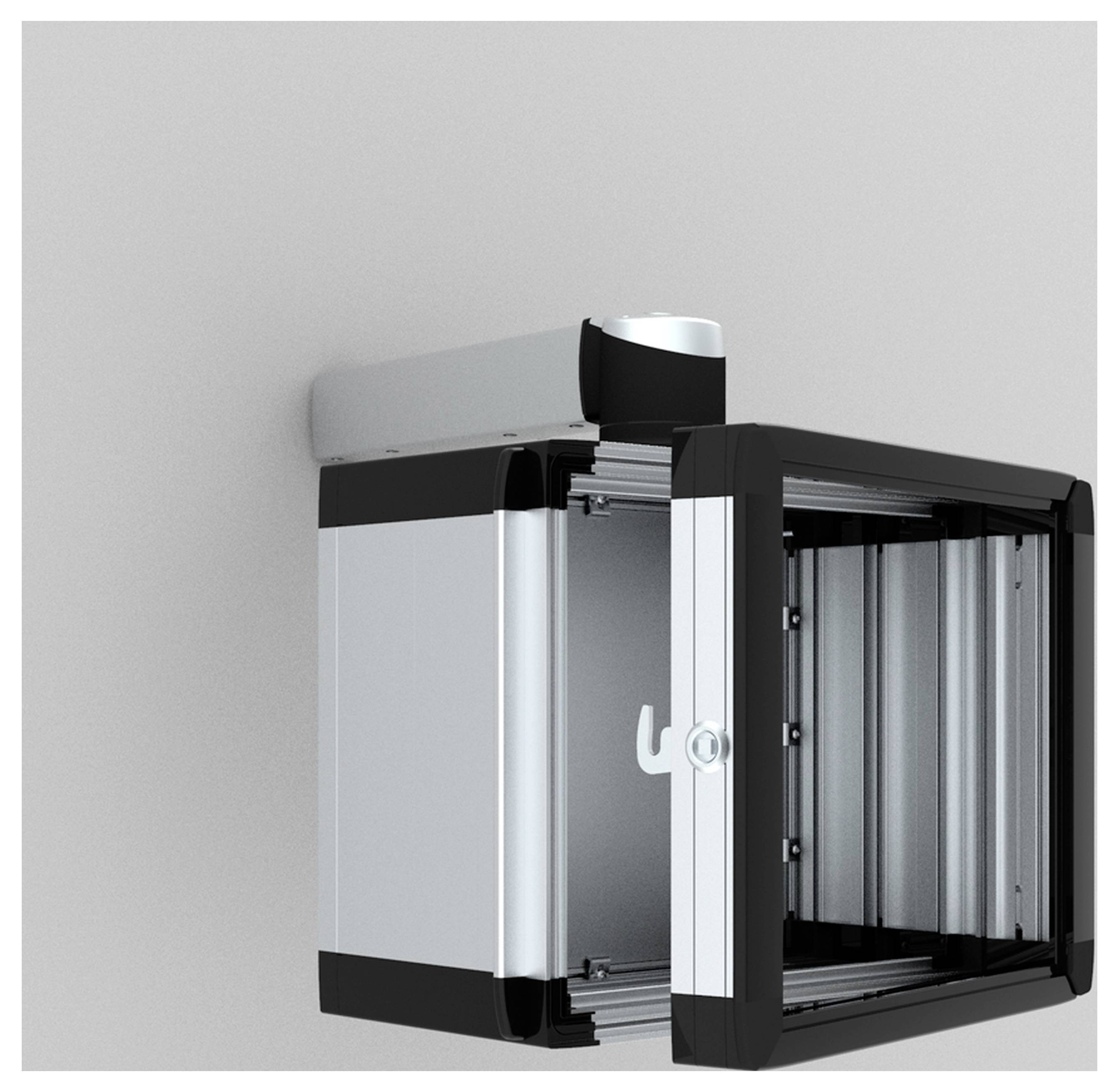 Offene Aluminium-Box mit Metallstreben und Kunststoffseiten, zur Wandmontage geeignet.