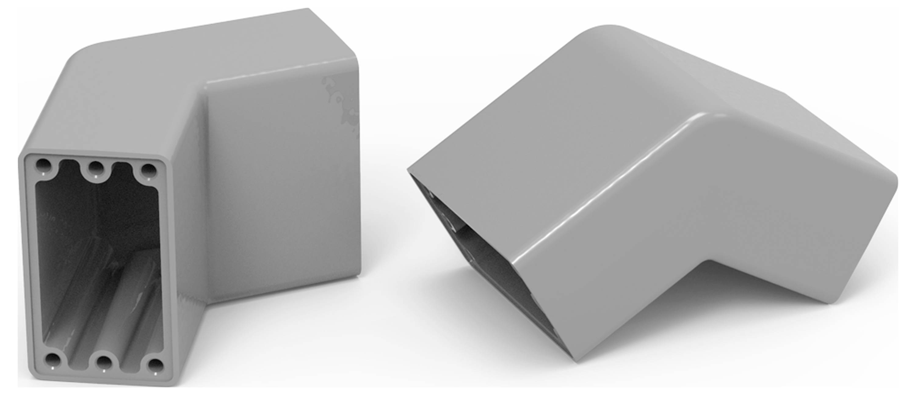 Zwei graue Kunststoffteile mit L-förmigem Winkel, eines offen mit sichtbarer Innenstruktur, das andere geschlossen.