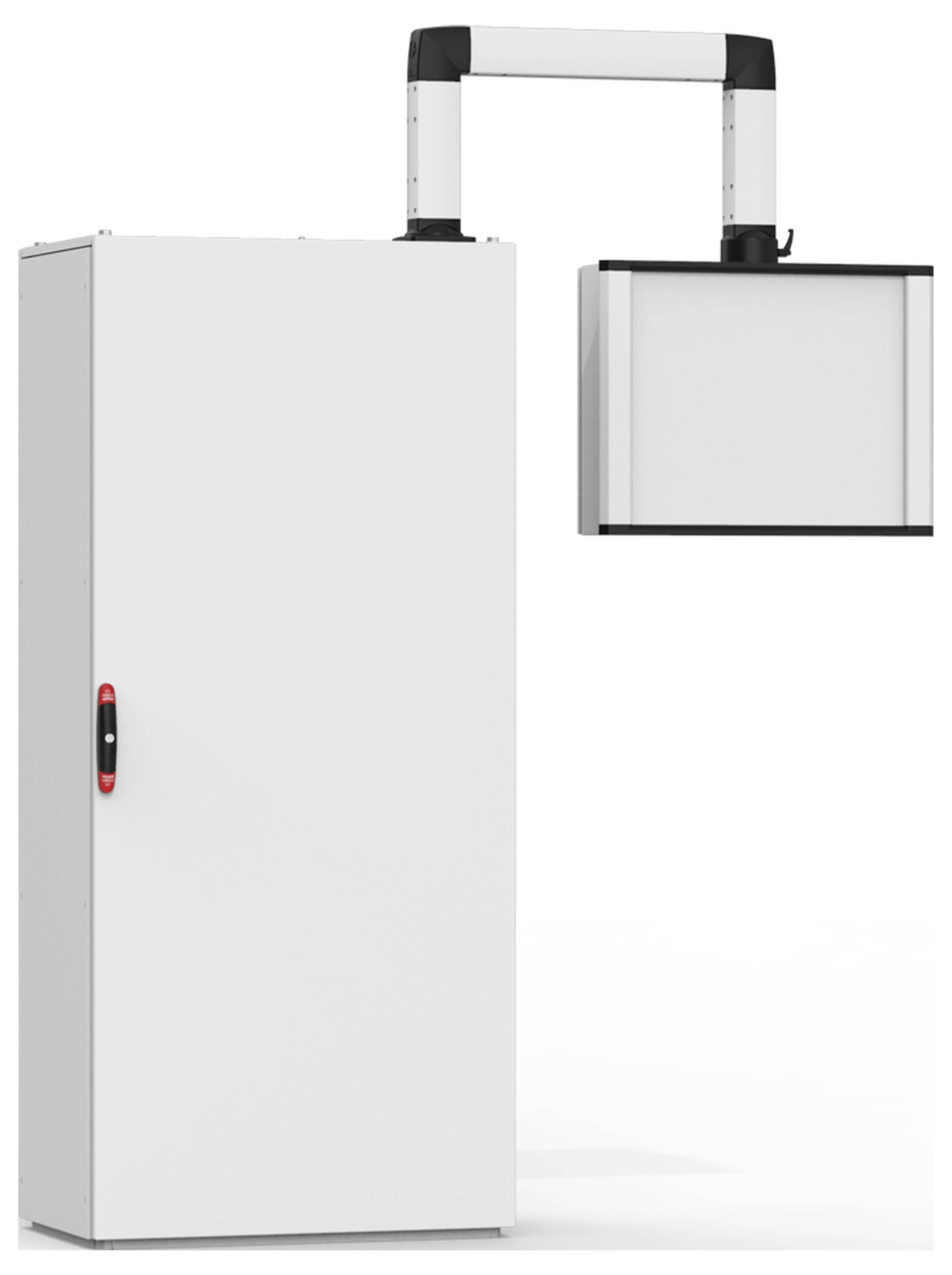 Ein grauer Schrank mit rotem Griff steht links. Rechts oben ist ein rechteckiger Lichtkasten befestigt, verbunden durch einen weißen Arm.