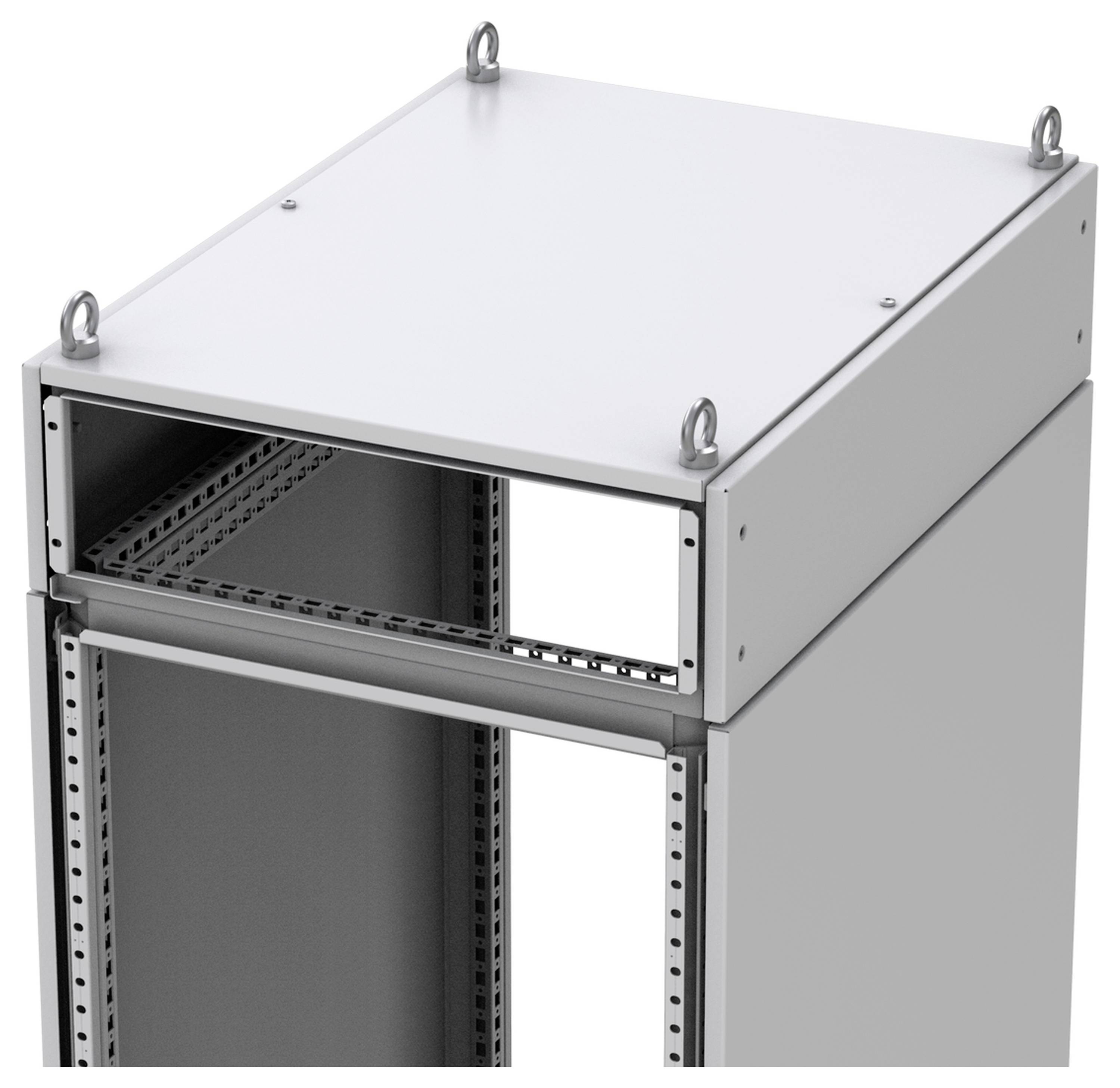 Ein offenes, graues Server-Rack mit Haken an jeder Ecke, bereit zur Verkabelung.