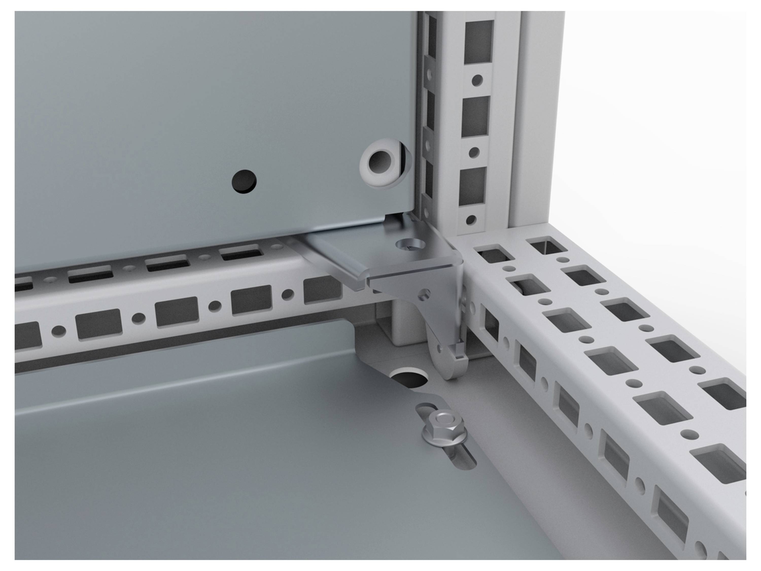 Detailansicht einer Metallkonstruktion, die die Verbindung eines vertikalen und horizontalen Elements zeigt, mit Schrauben befestigt.