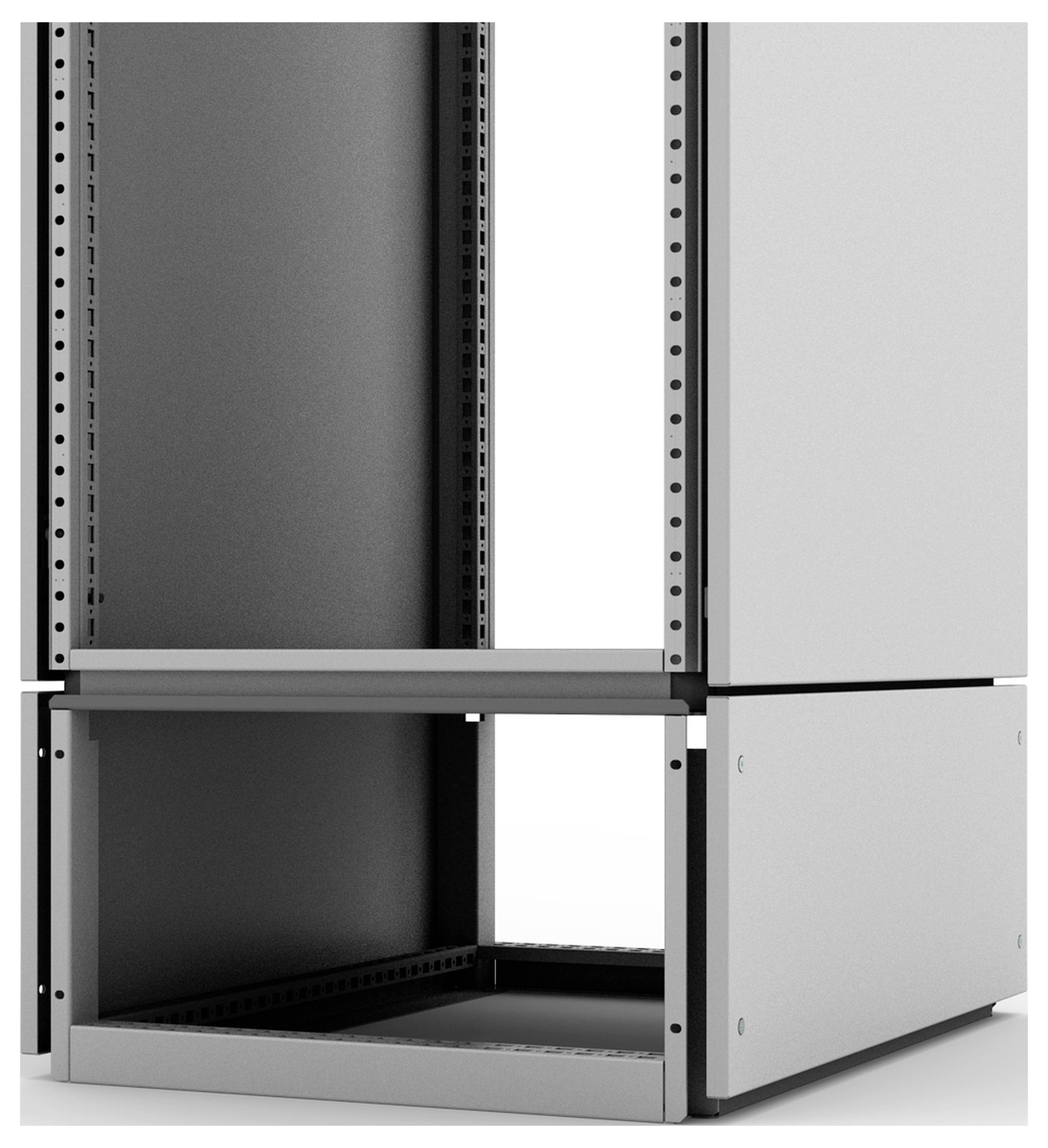 Ein graues, offenes Metallgehäuse für Server oder technische Geräte mit sichtbaren Schienen und strukturierten Seitenteilen.