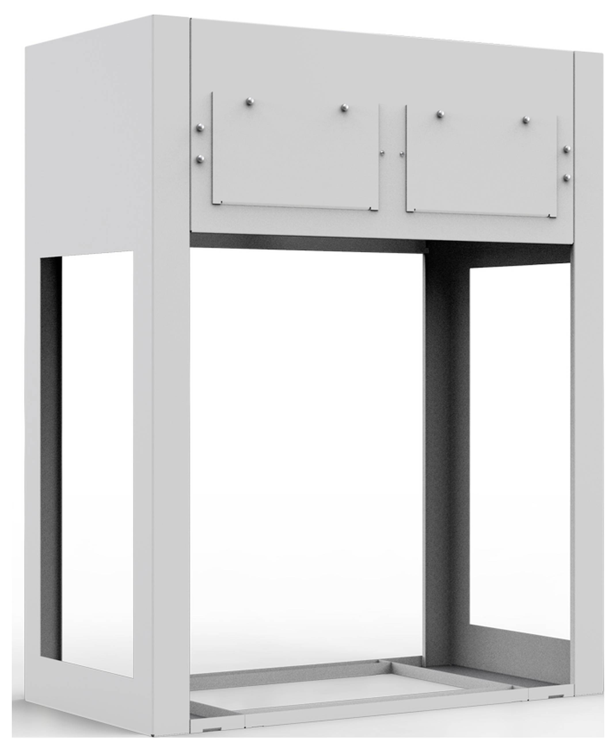 Metallischer Aufbau mit zwei verschlossenen Klappen oben. Offen, ohne Boden. Verwendbar für industrielle oder technische Anwendungen.