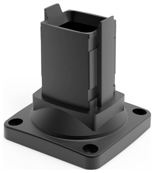 Ein schwarzer Kunststoffsockel mit vier runden Befestigungslöchern, geeignet zur Montage von Elementen an einer Oberfläche.