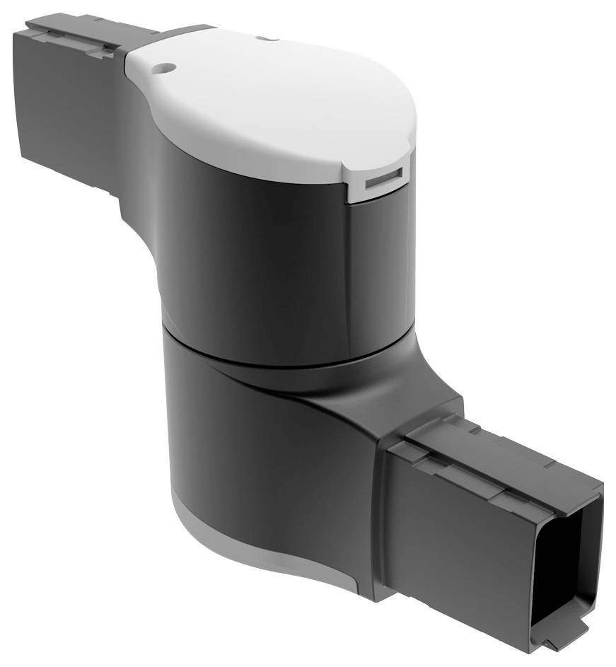 Ein schwarzes elektronisches Gerät mit Steckverbindungen, möglicherweise ein Sensor oder Ventil, auf einem weißen Hintergrund.